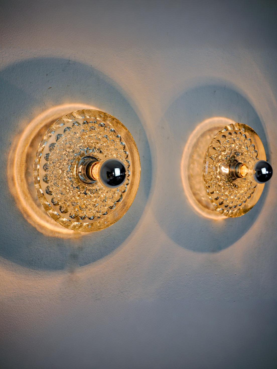 Pair of  circular Peill & Putzler wall lights, blown murano glass, Germany, 1970