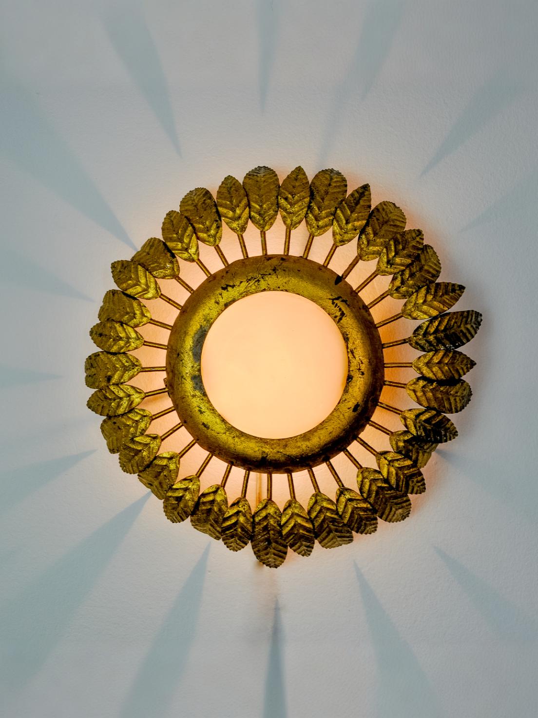 Sunburst Ceiling Lamp by Ferro Arte in Gold Leaf, Metal and Opaline Glass, Spain, 1960s