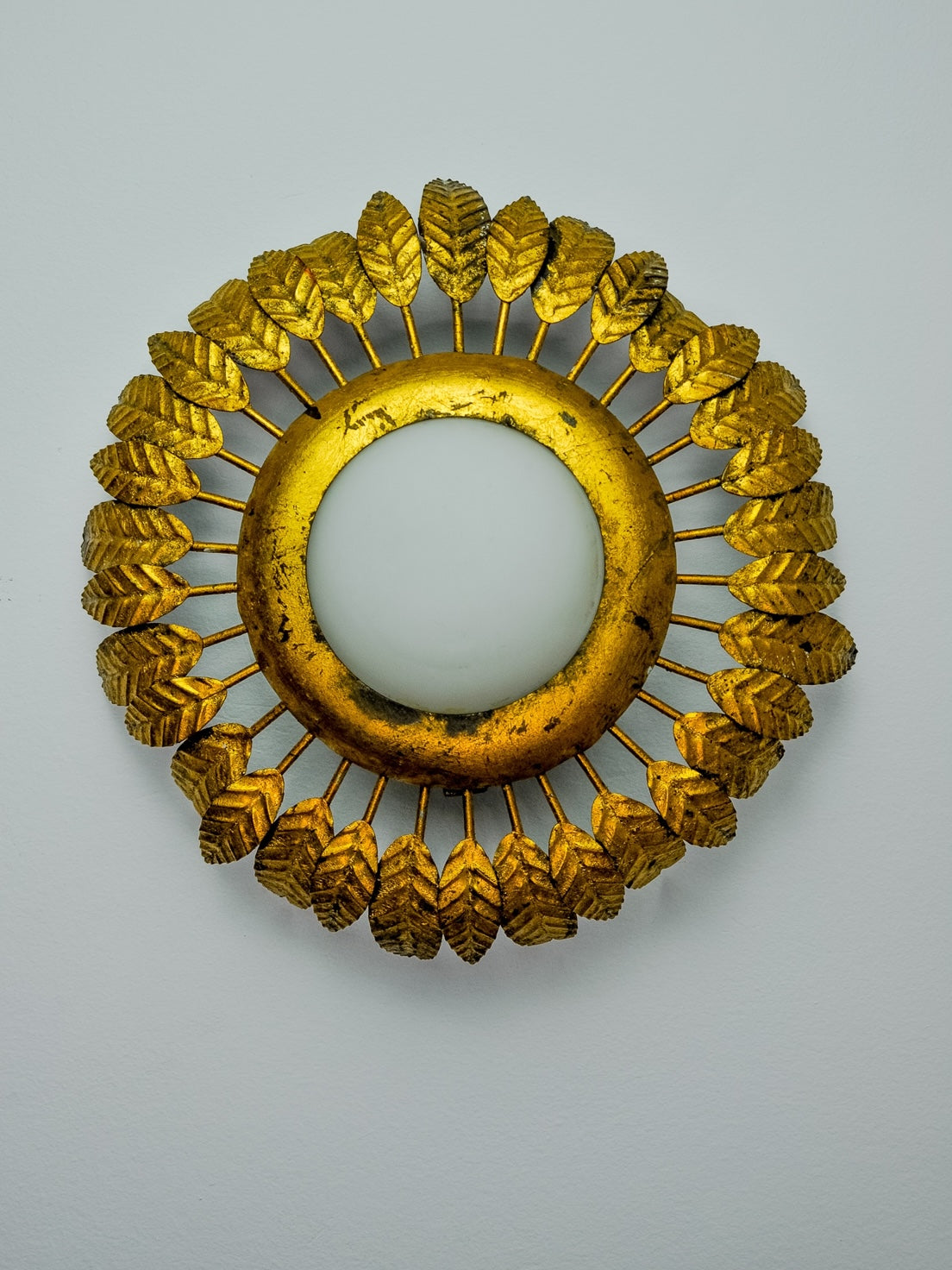 Sunburst Ceiling Lamp by Ferro Arte in Gold Leaf, Metal and Opaline Glass, Spain, 1960s