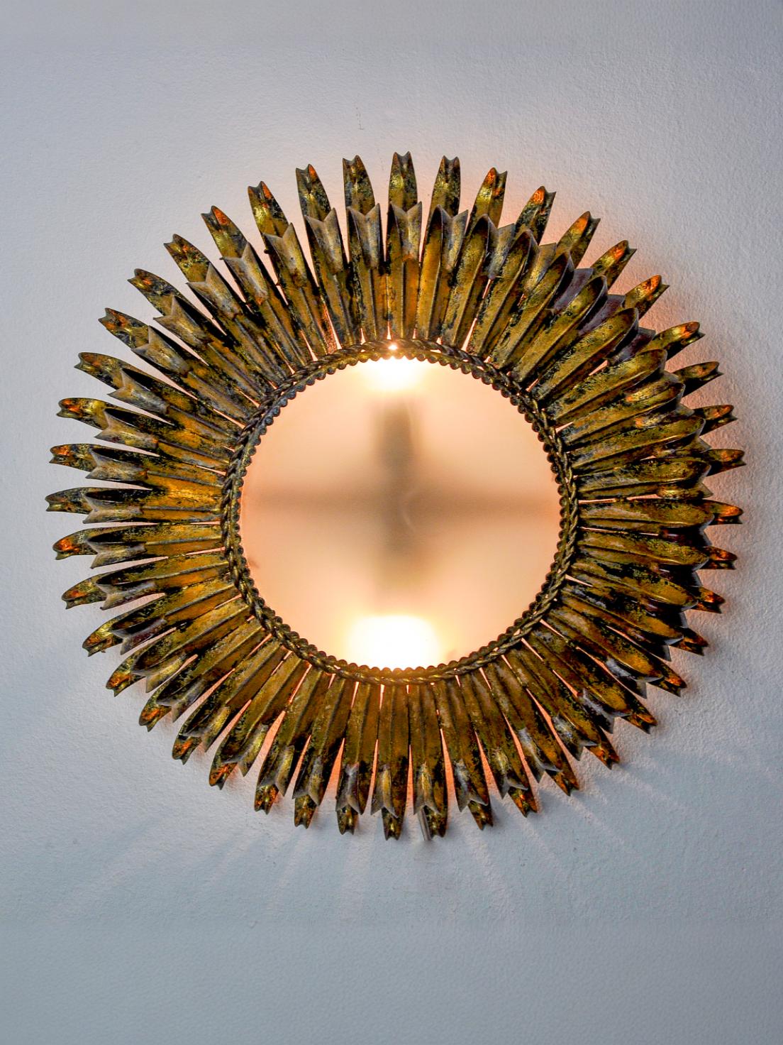 Sun wall lamp by ferro arte, metal and gold leaf, Spain, 1960