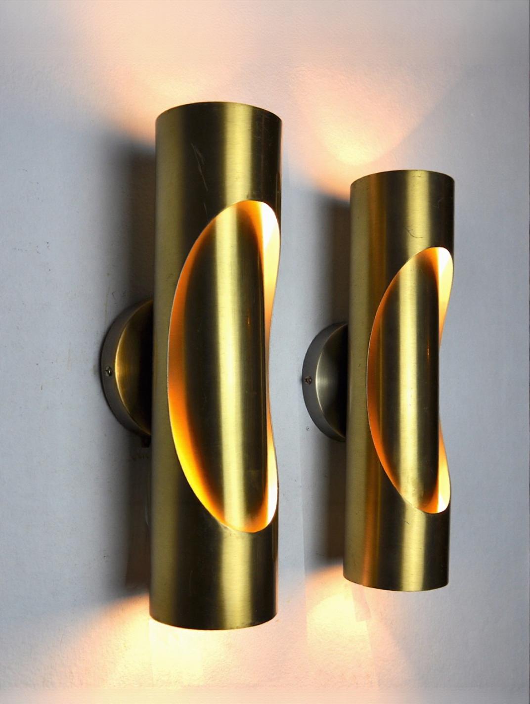 Pair of Raak tubular wall lamps in brass, 1970
