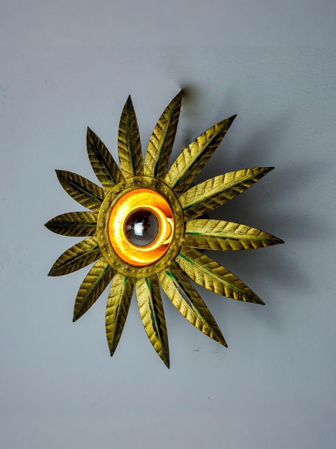 Mid-Century Spanish Sunburst Flush Mount Light in Gold Iron by Ferro Art