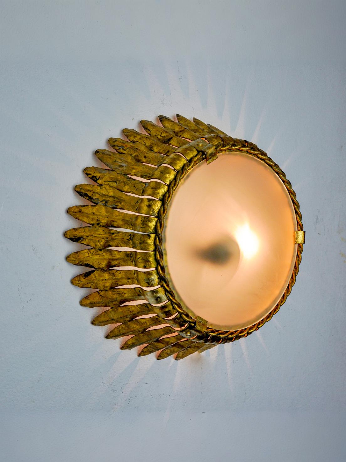 Sunburst Ceiling Light in Gilt Metal and Gold Leaf by Ferro Arte, Spain, 1960s