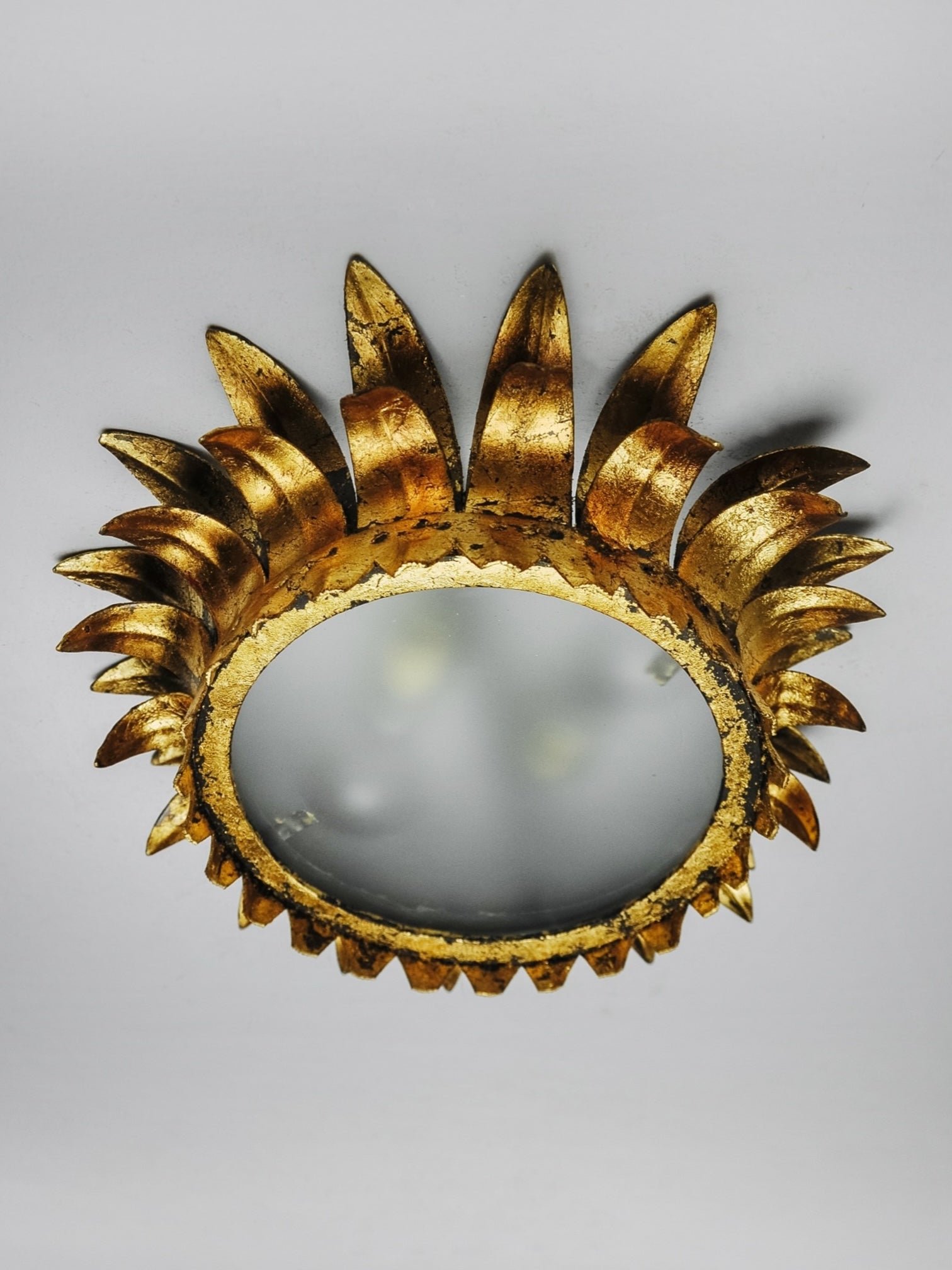 1960s Spanish Gilt Iron Sunburst Flush Mount Ceiling Light by Ferro Art