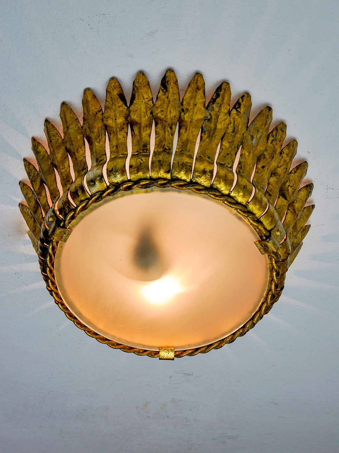 Sunburst Ceiling Light in Gilt Metal and Gold Leaf by Ferro Arte, Spain, 1960s