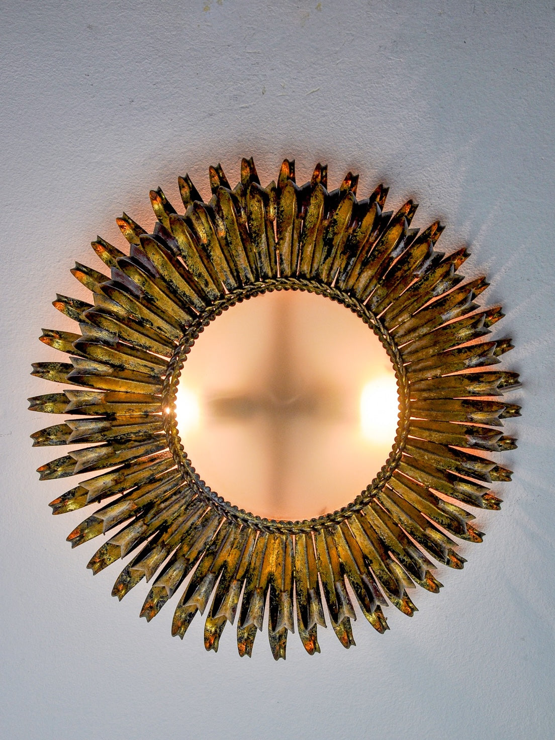 Spanish Sunburst Ceiling Light in Gilt Metal with Curled Floral Rays, 1960s
