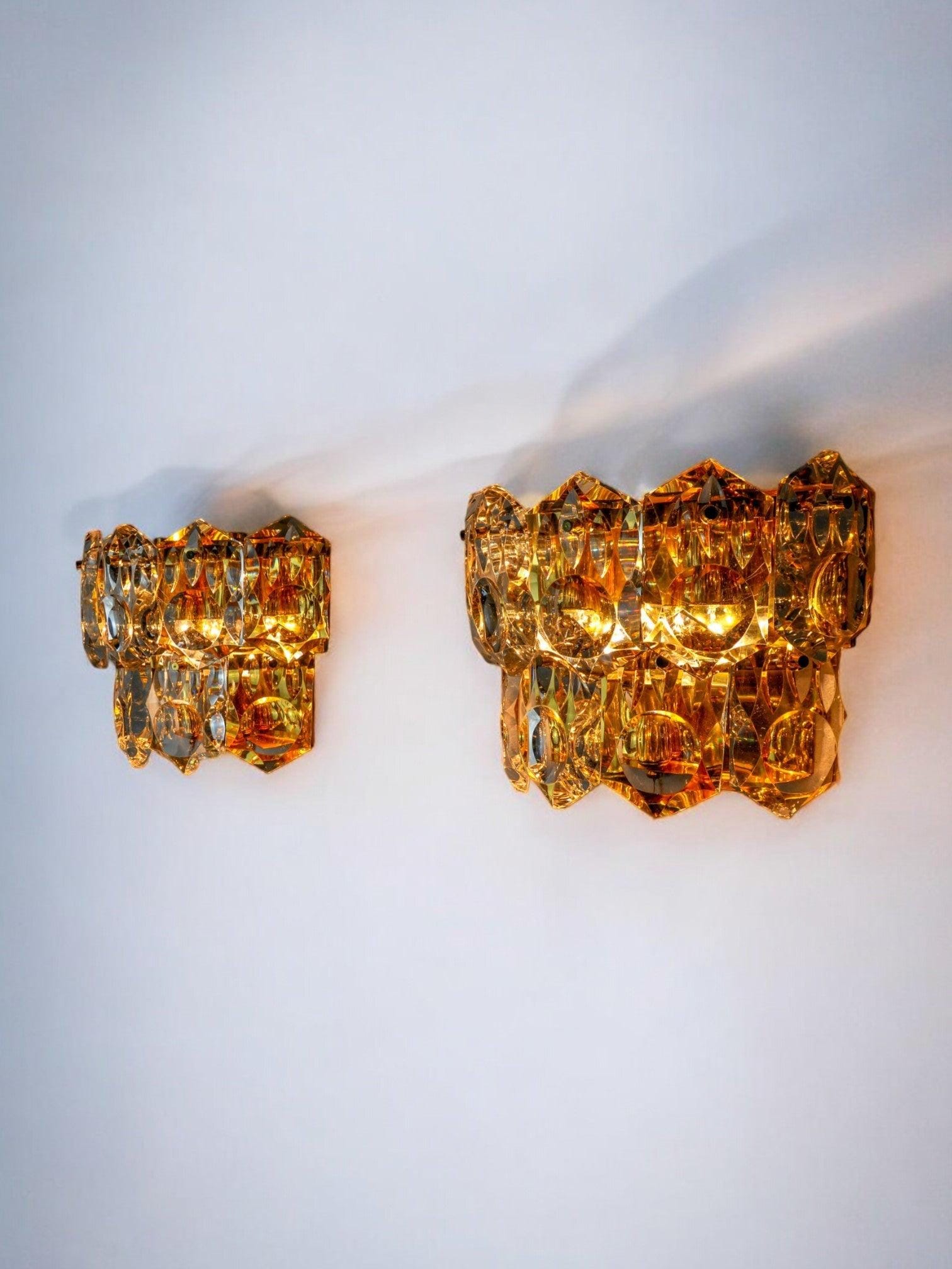 Pair of kinkeldey wall lamps, 2 levels, cut crystals germany, 1970
