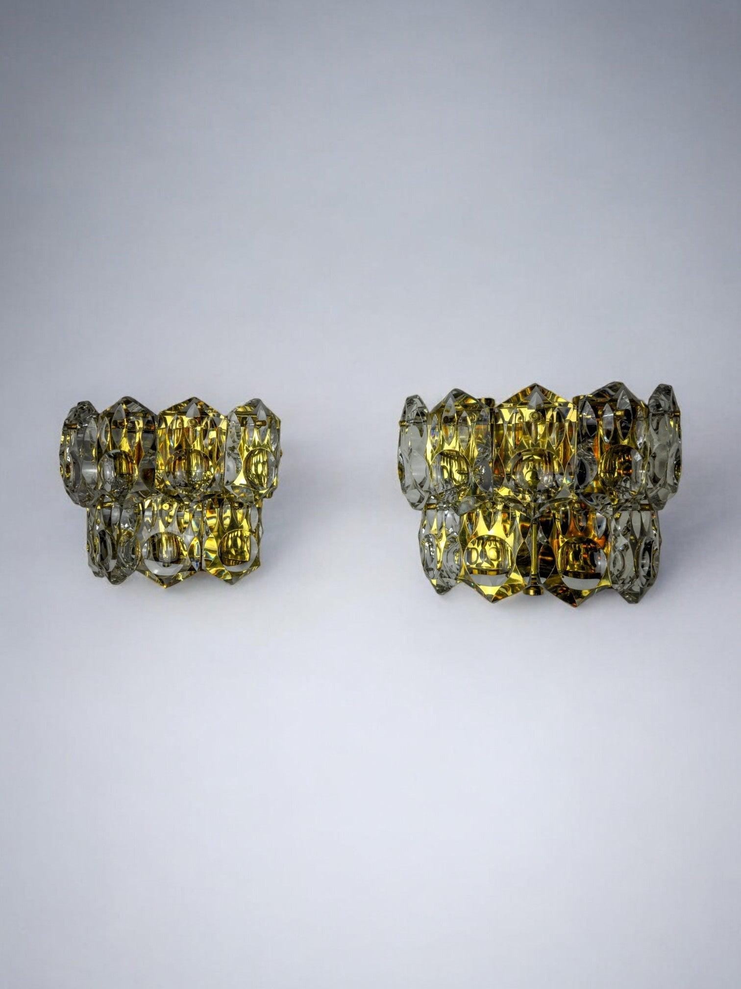 Pair of kinkeldey wall lamps, 2 levels, cut crystals germany, 1970