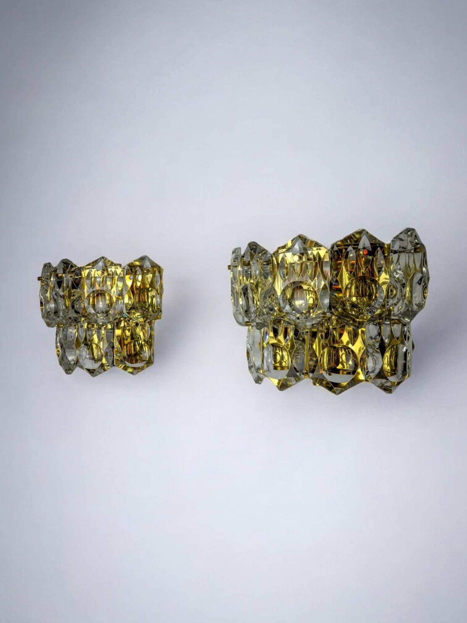 Pair of kinkeldey wall lamps, 2 levels, cut crystals germany, 1970