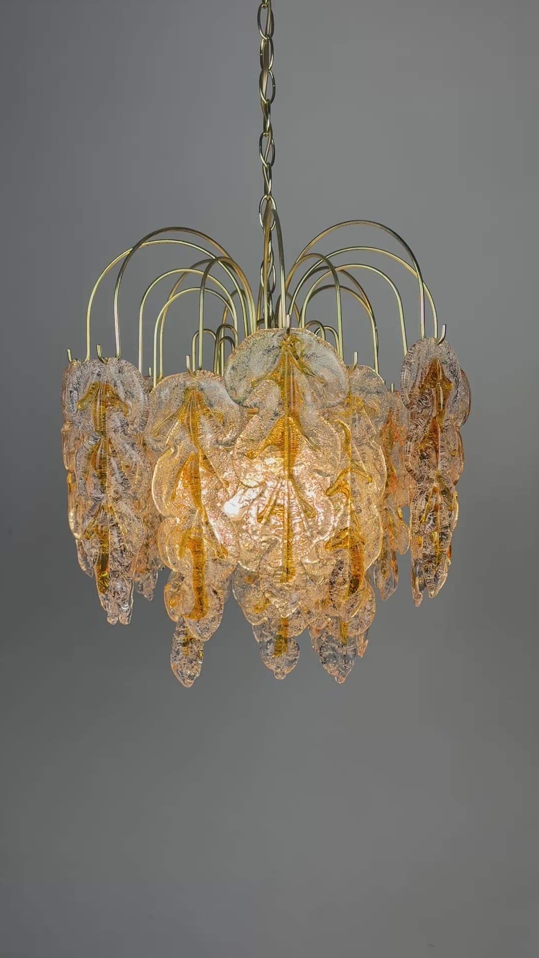 Load video: Floral Mazzega Murano Glass Cascade Chandelier, Frosted Orange Leaves &amp; Gilded Metal, Italy, 1970s