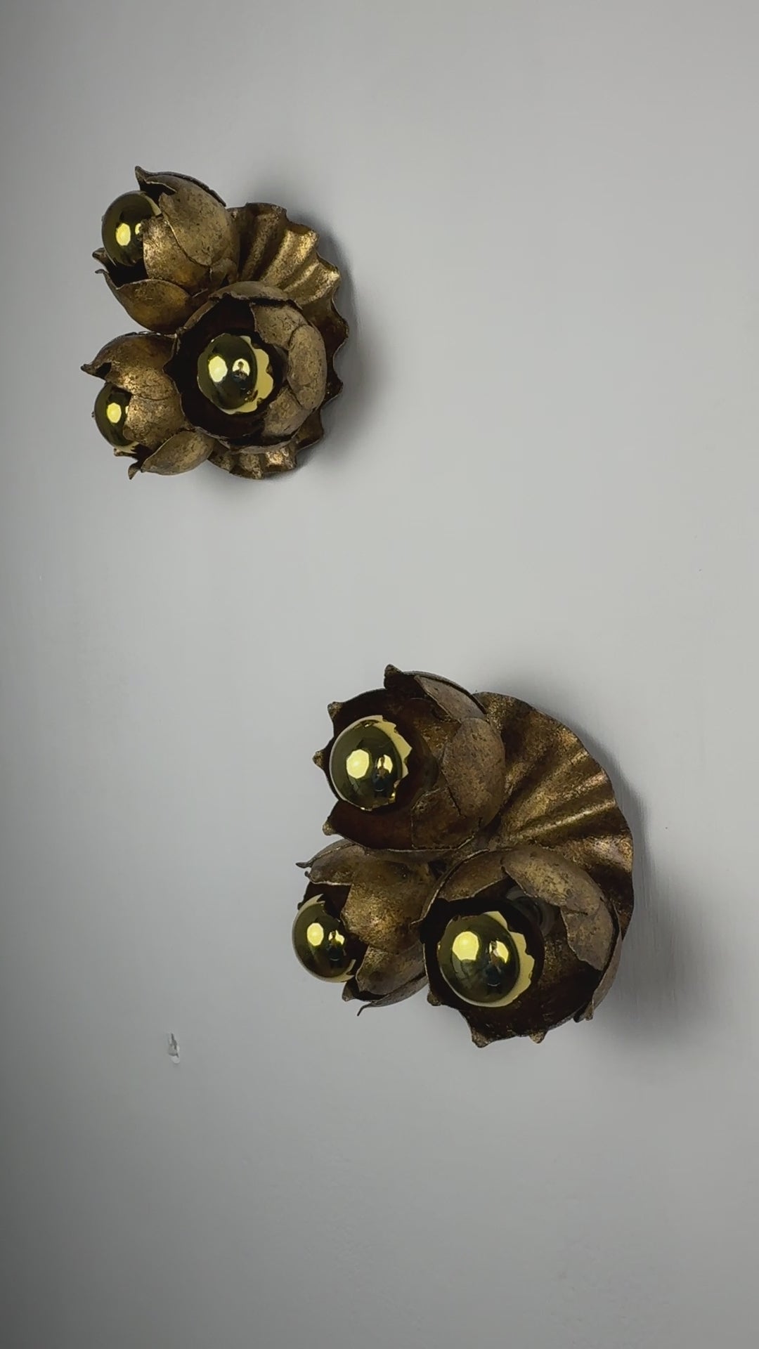 Load video: French Floral Bouquet Three-Light Ceiling or Wall light, Gilt Iron, 1940s