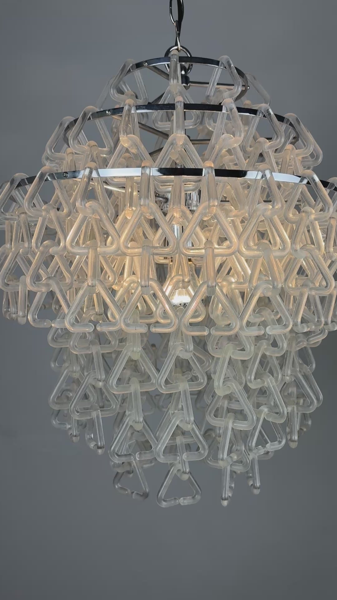 Load video: Space-Age Lucite Triangular Cascade Chandelier, Italy 1970s