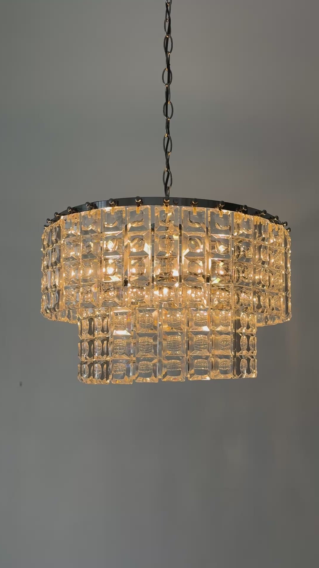Load video: Kinkeldey 2-Tier Cut Crystal Chandelier, Gilt Brass, Circa 1970's, Germany