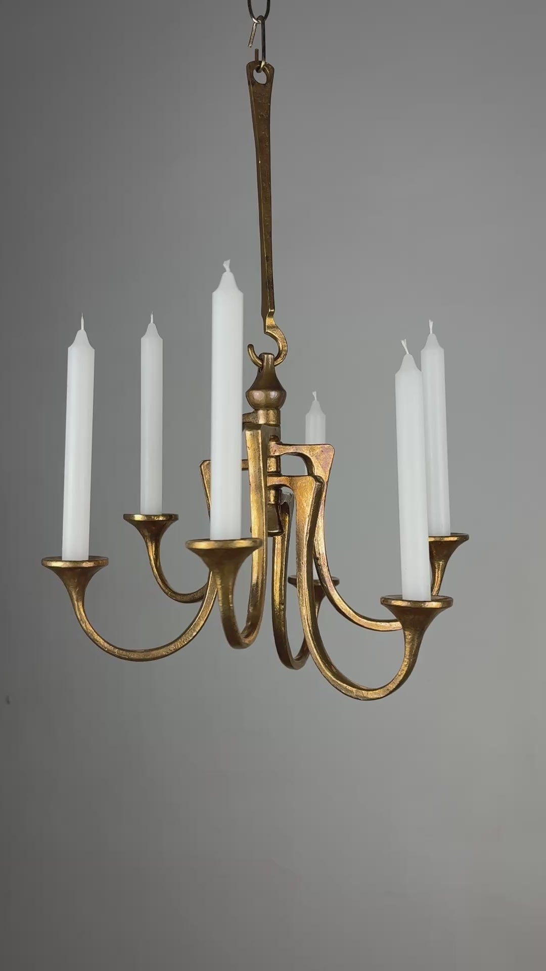 Load video: Brutalist Michael Harjes Hanging Candelabra in Bronze, 6 arms, Germany, 1960's
