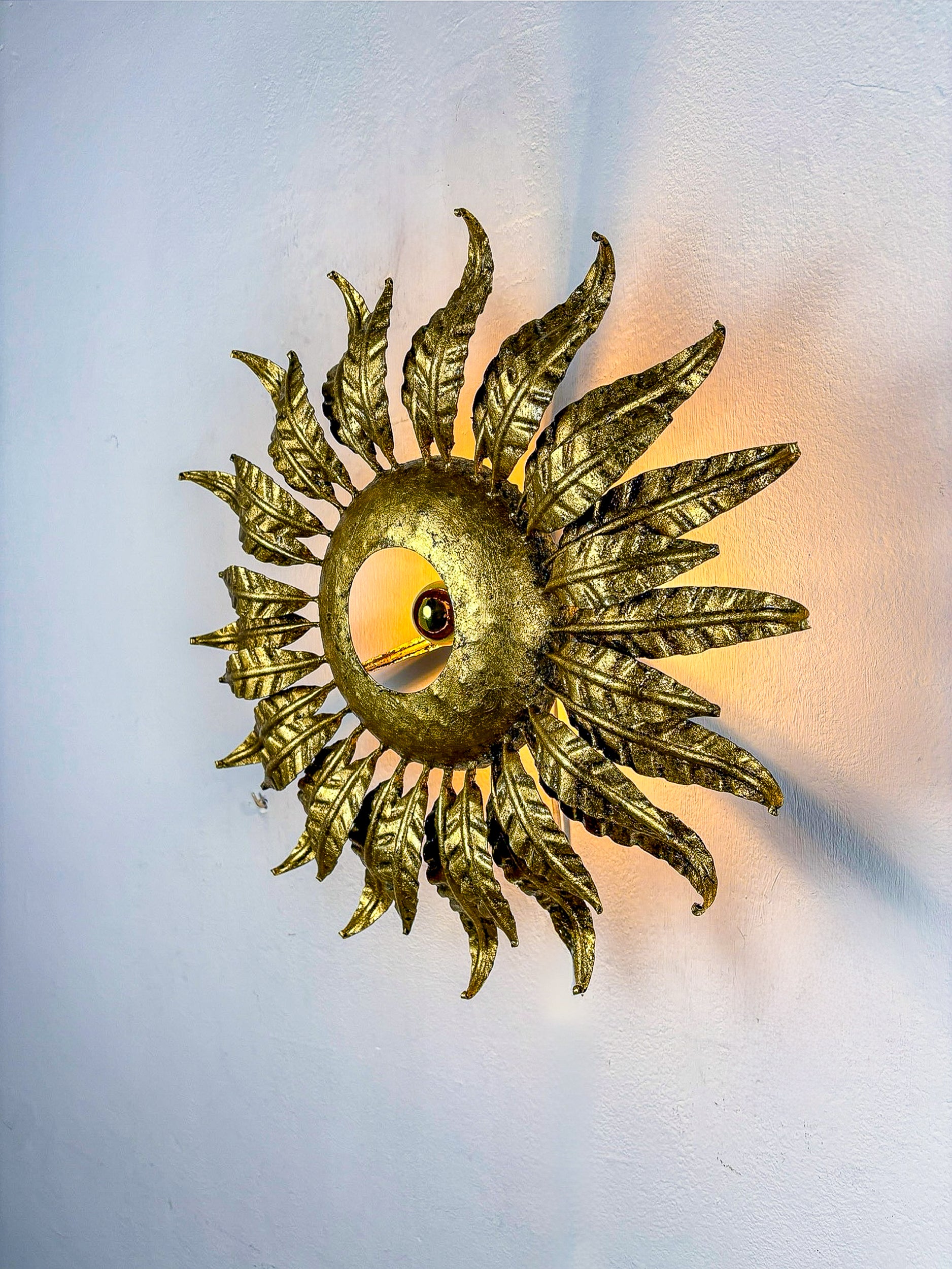 Spanish Sunburst ceiling light fixture or sconce in Gilt Wrought Iron, Circa 1950's
