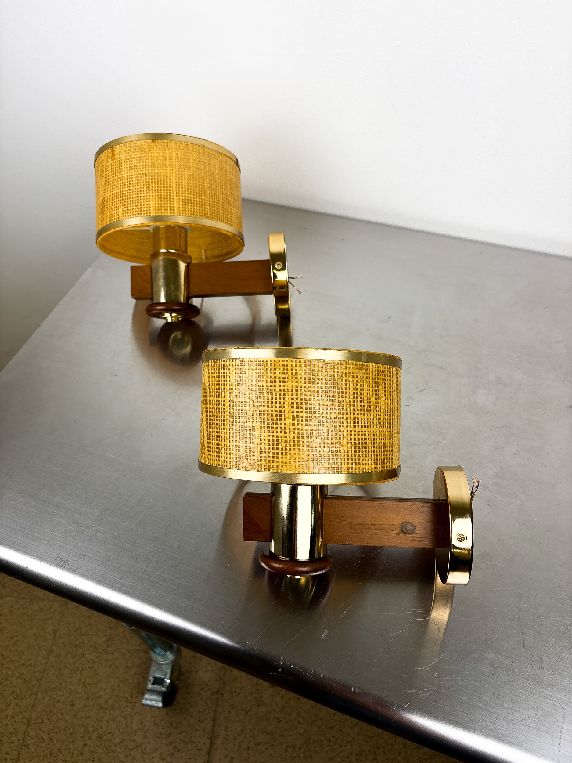 Pair of Vintage Rattan & Wood Wall Sconces, Italy, Circa 1970's