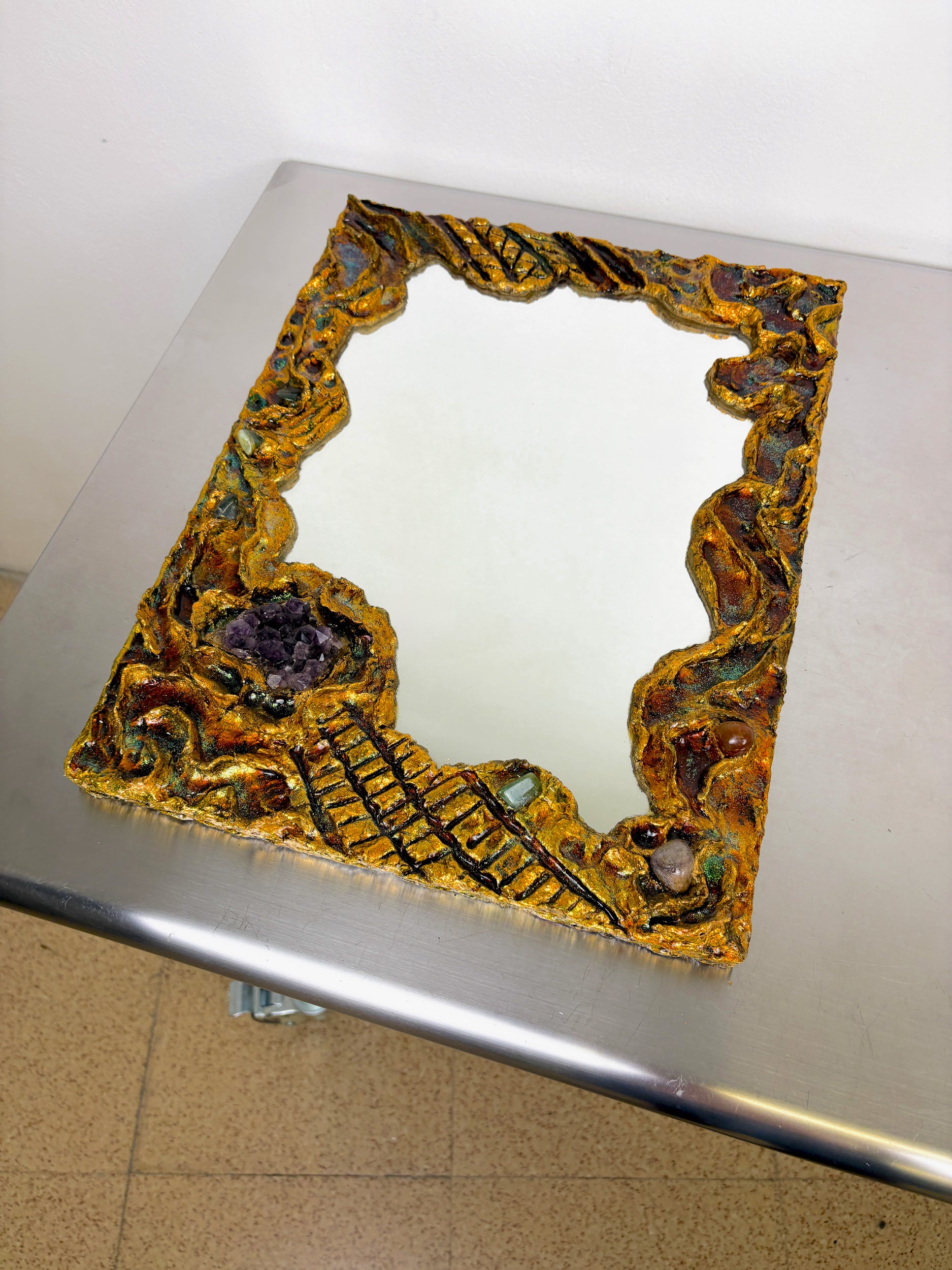 Italian Brutalist Resin and Stones Mirror, 1970's