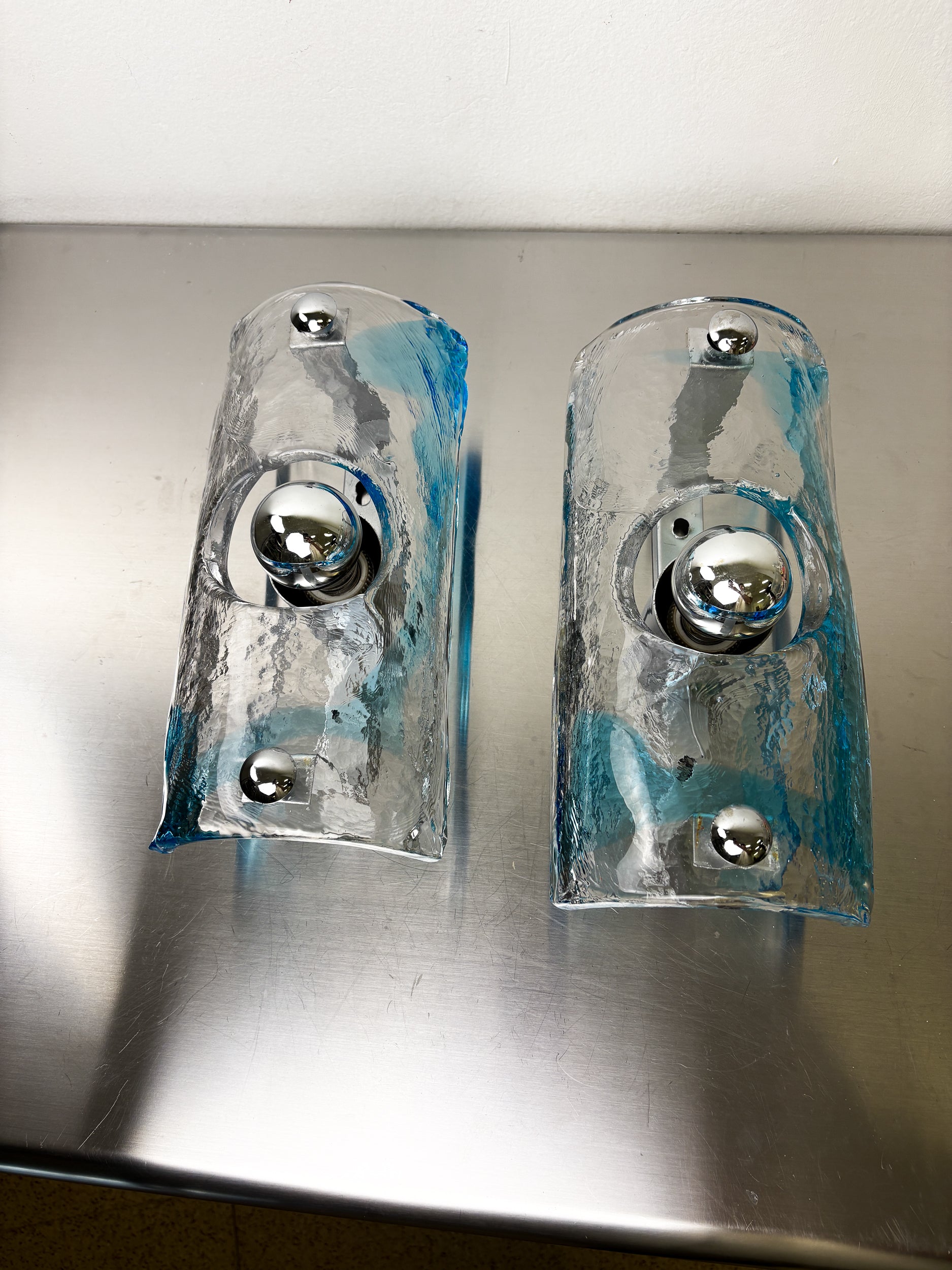 Pair of Clear Blue Murano Wall Sconces by Av Mazzega, Italy 1970s