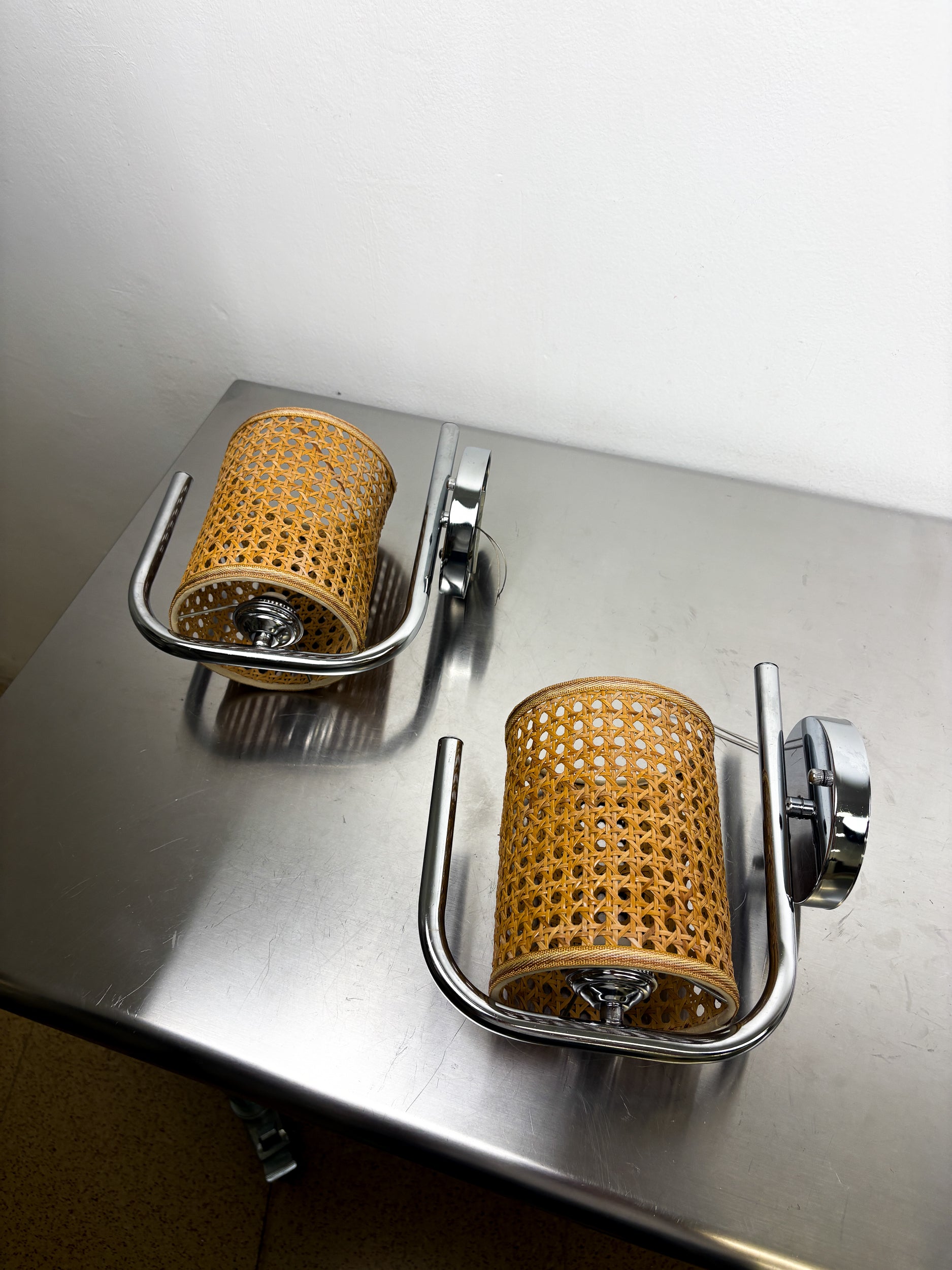 Pair of Vintage Rattan & Chrome Wall Lights, Italy, 1970's