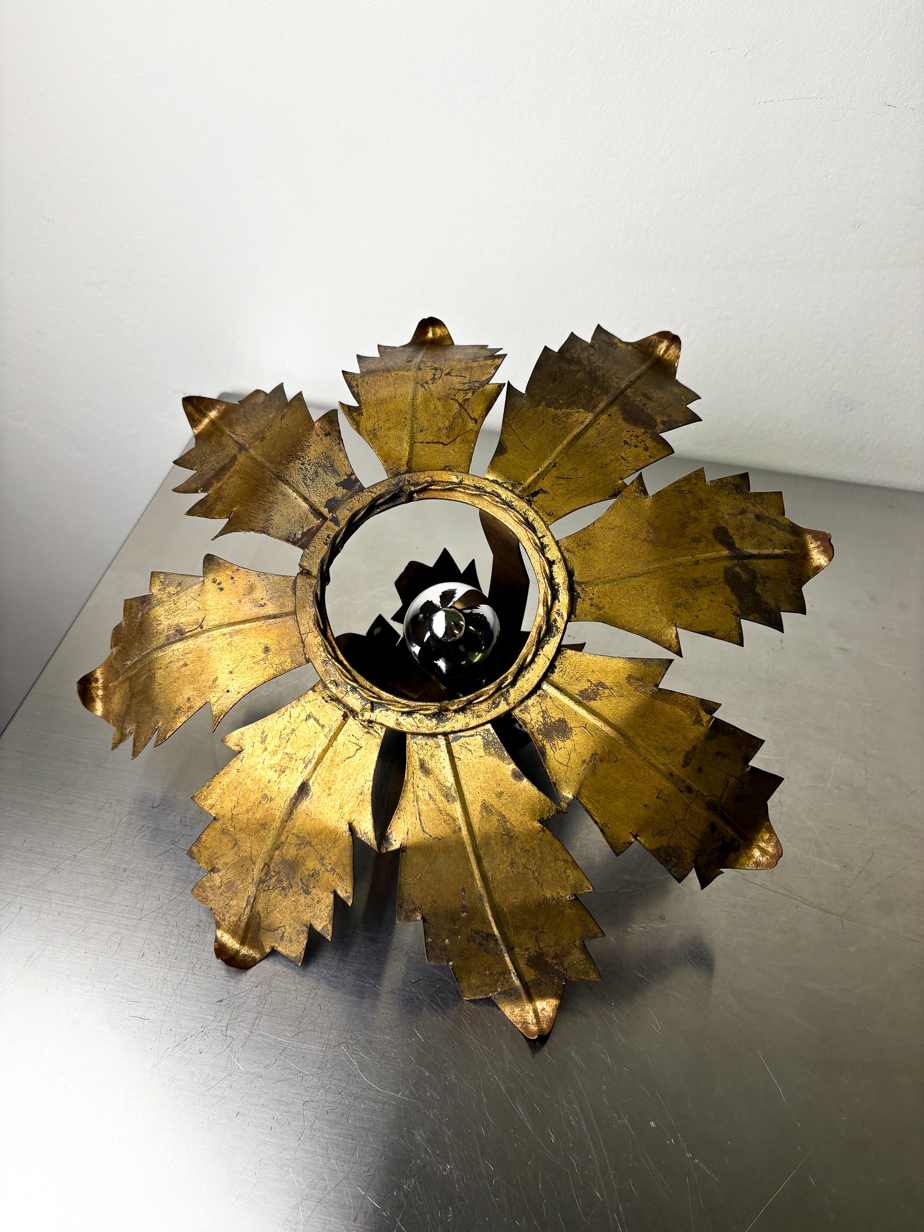 Spanish Sunburst Flush Mount Light Fixture in Gilt Iron, Circa 1970's