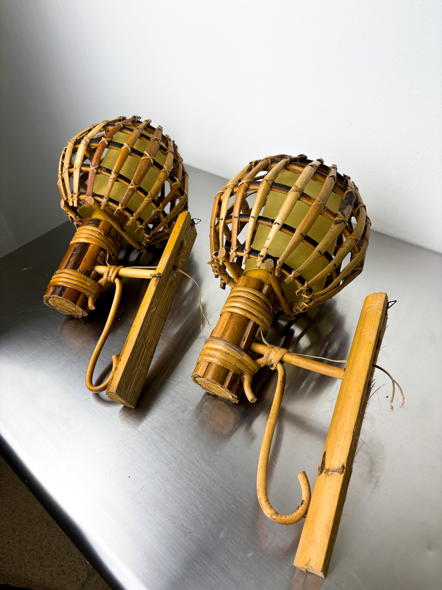 Pair of Mid-Century Rattan Wall Sconces, Italy 1970s