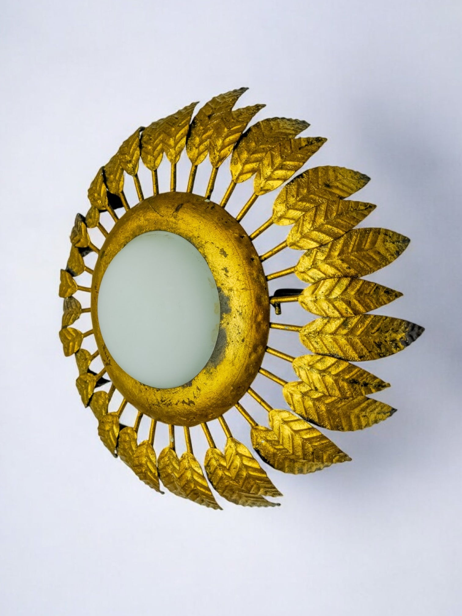 Sunburst Ceiling Lamp by Ferro Arte in Gold Leaf, Metal and Opaline Glass, Spain, 1960s