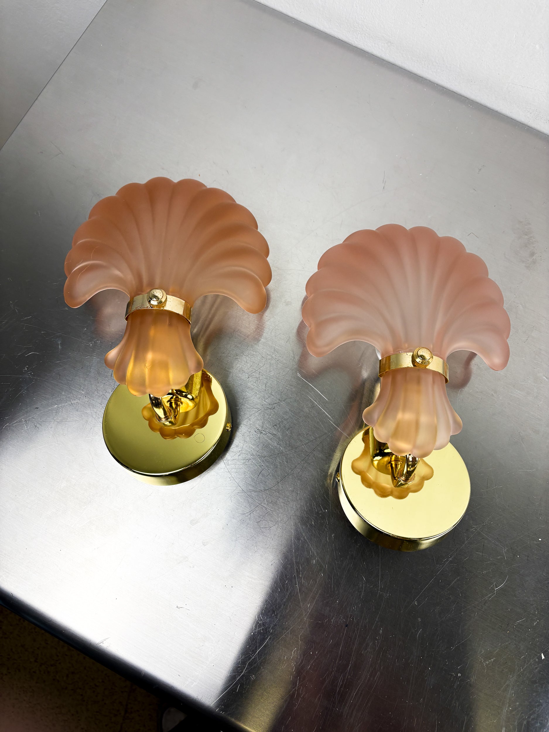 Pair of Art Deco Shell Wall Sconces – Amber Glass, France 1970s