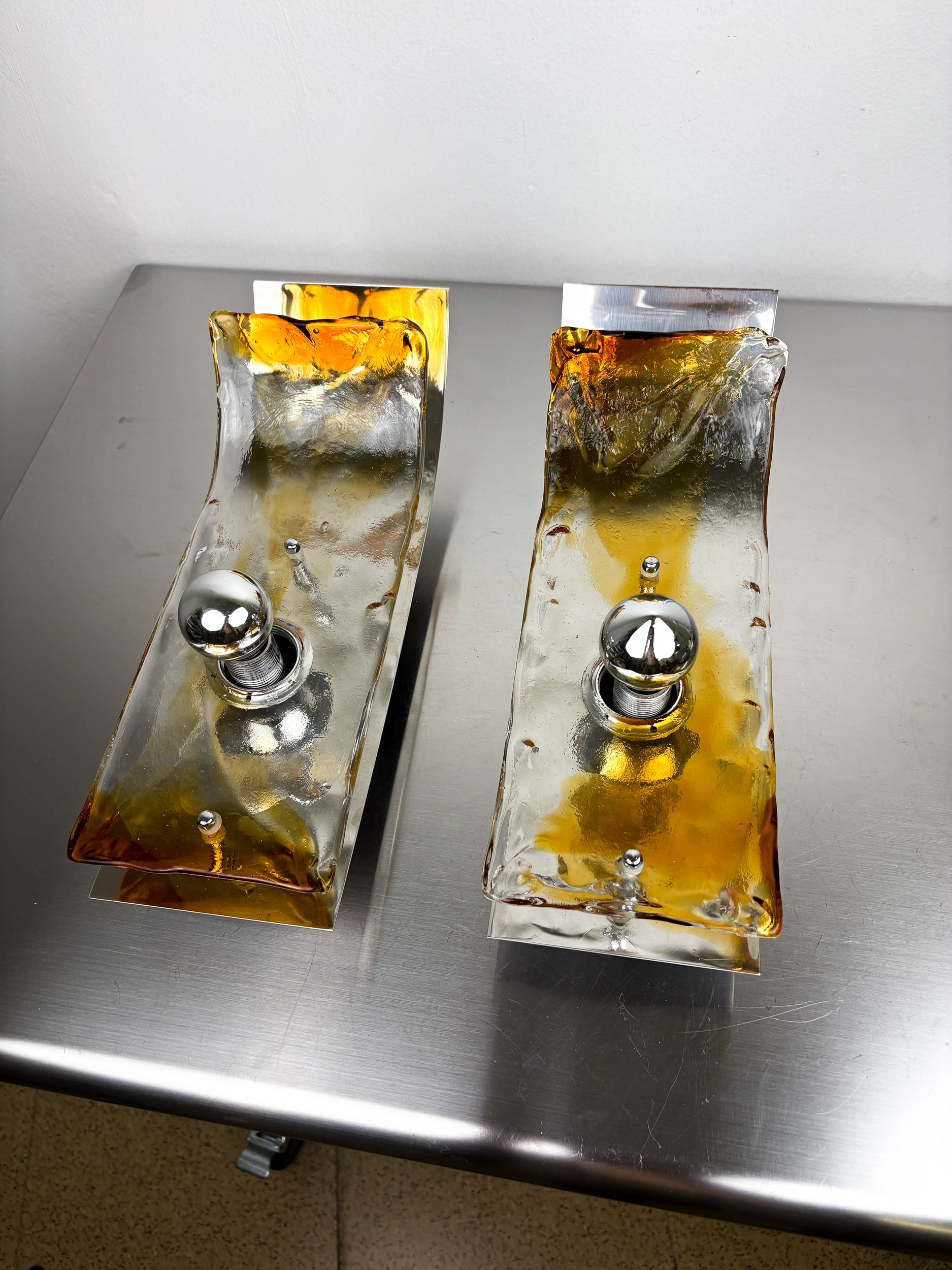 Pair of Murano Mazzega Orange & Clear Glass Wall Sconces, Italy, 1970s