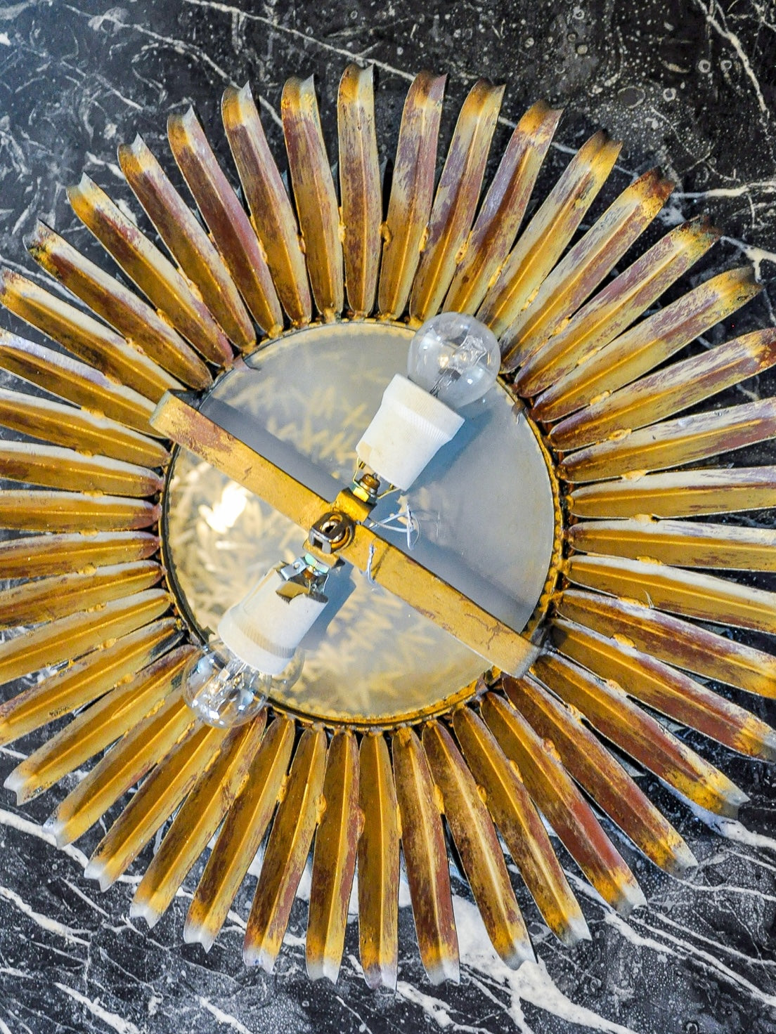 Spanish Sunburst Ceiling Light in Gilt Metal with Curled Floral Rays, 1960s