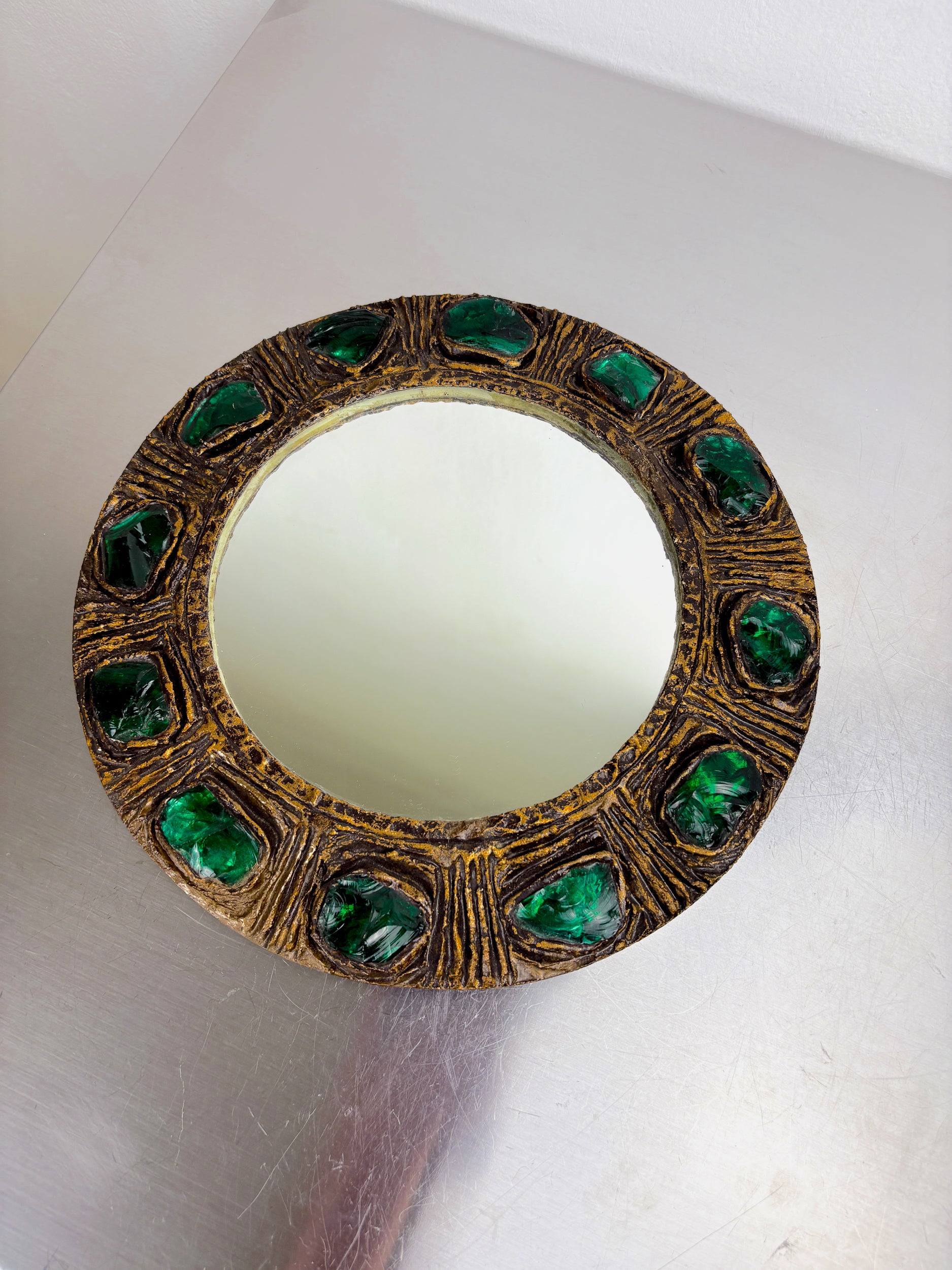 Italian Mid-Century Mirror by Creaciones Gobesso, Green Murano Rock Crystals, 1960s