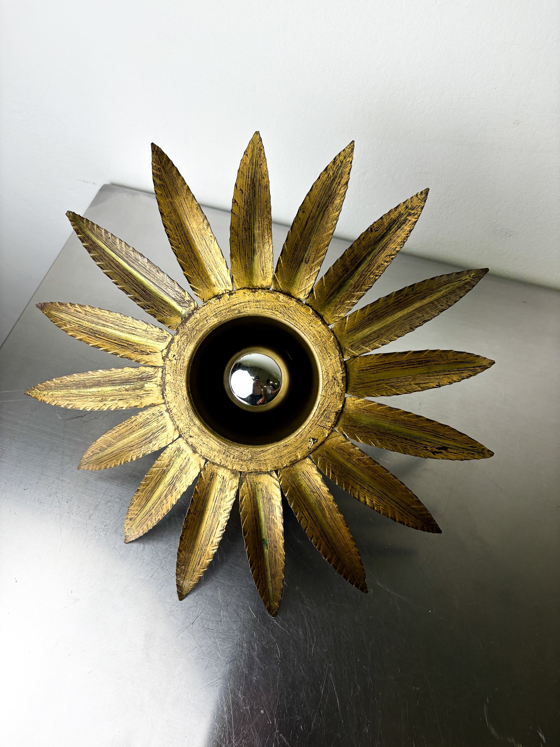 Spanish Sunburst Flush Mount Light Fixture in Gilt Iron, Ferro Art, 1960's