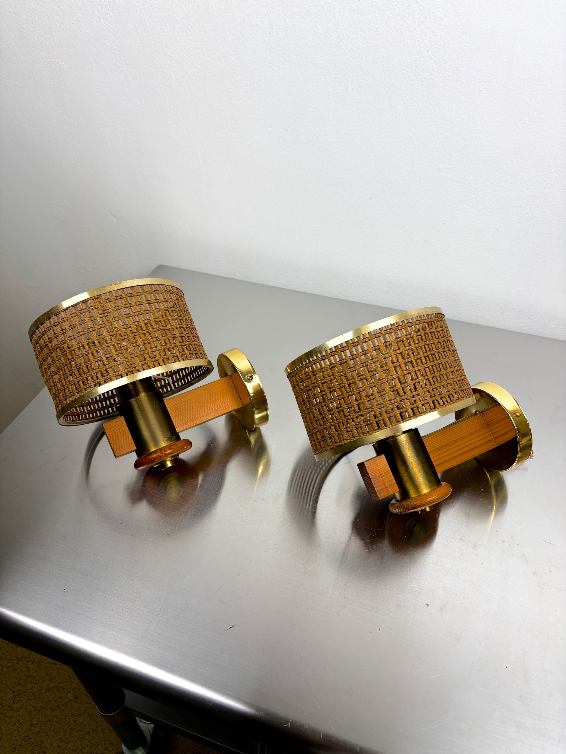Pair of Vintage Rattan & Wood Wall Sconces, Italy, 1970's