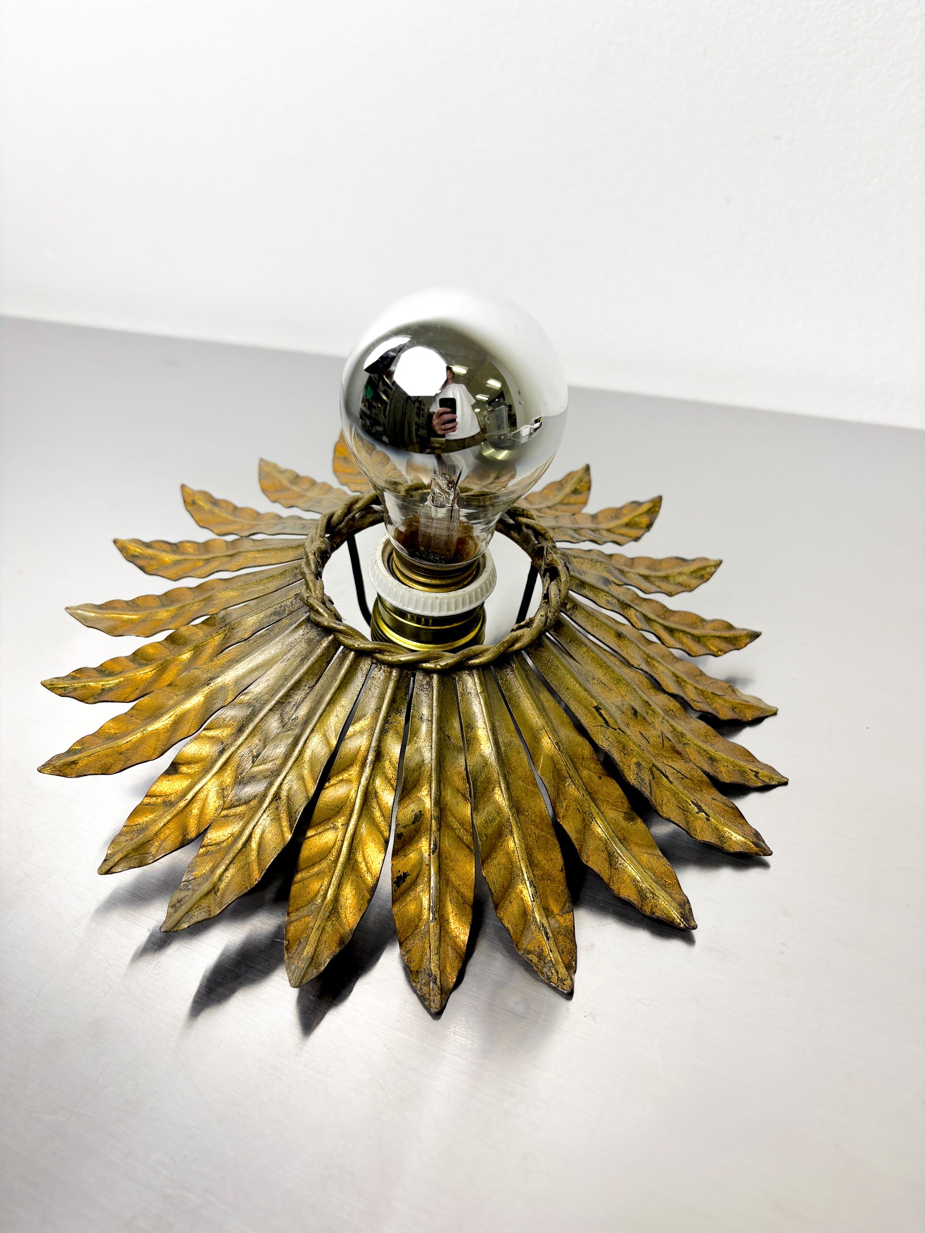Spanish Sunburst Flush Mount Light Fixture in Gilt Iron, Circa 1960's