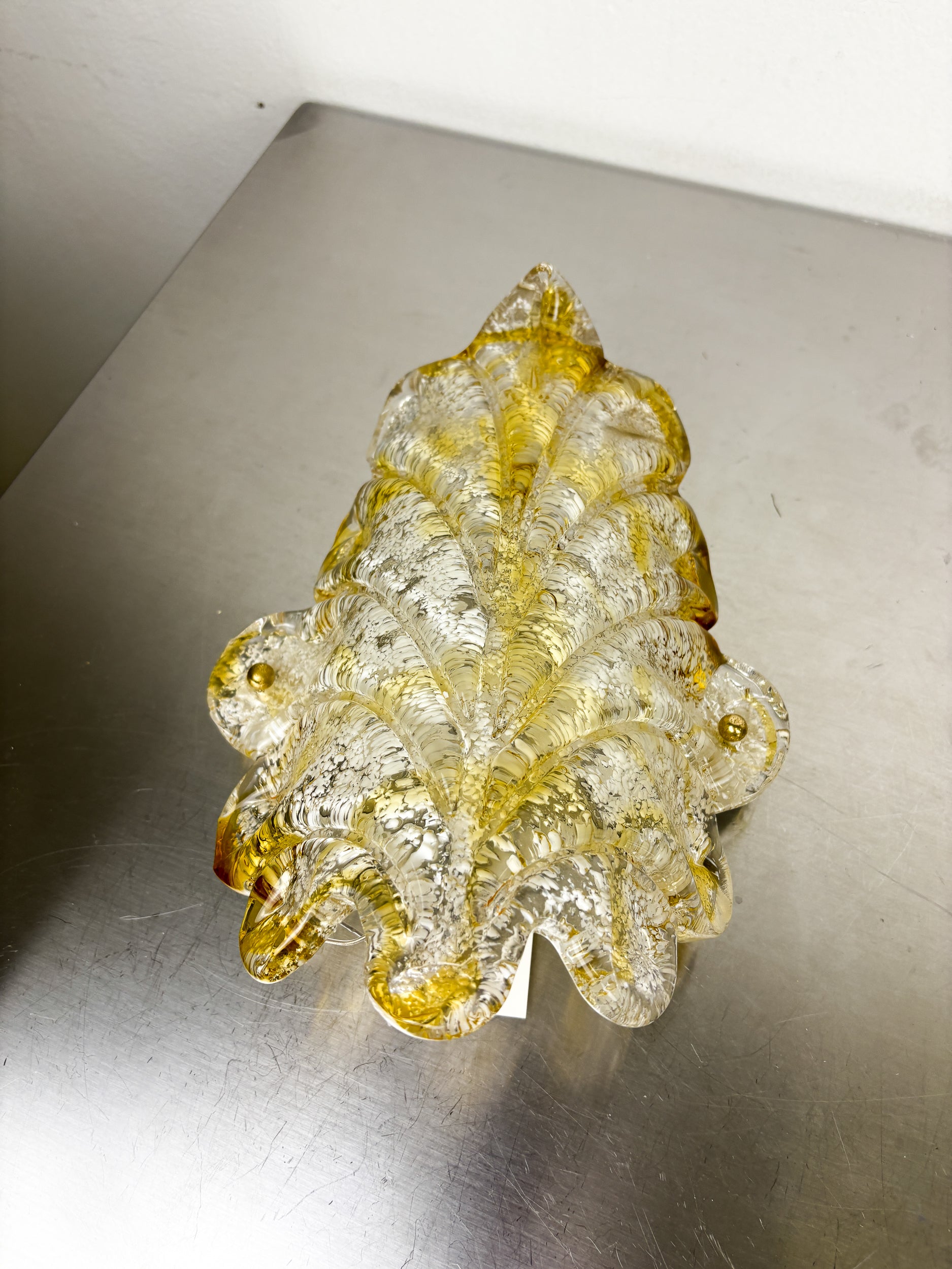 Orange Murano Frosted Leaf Sconce, Textured Glass & Gilt Details, Italy 1970s