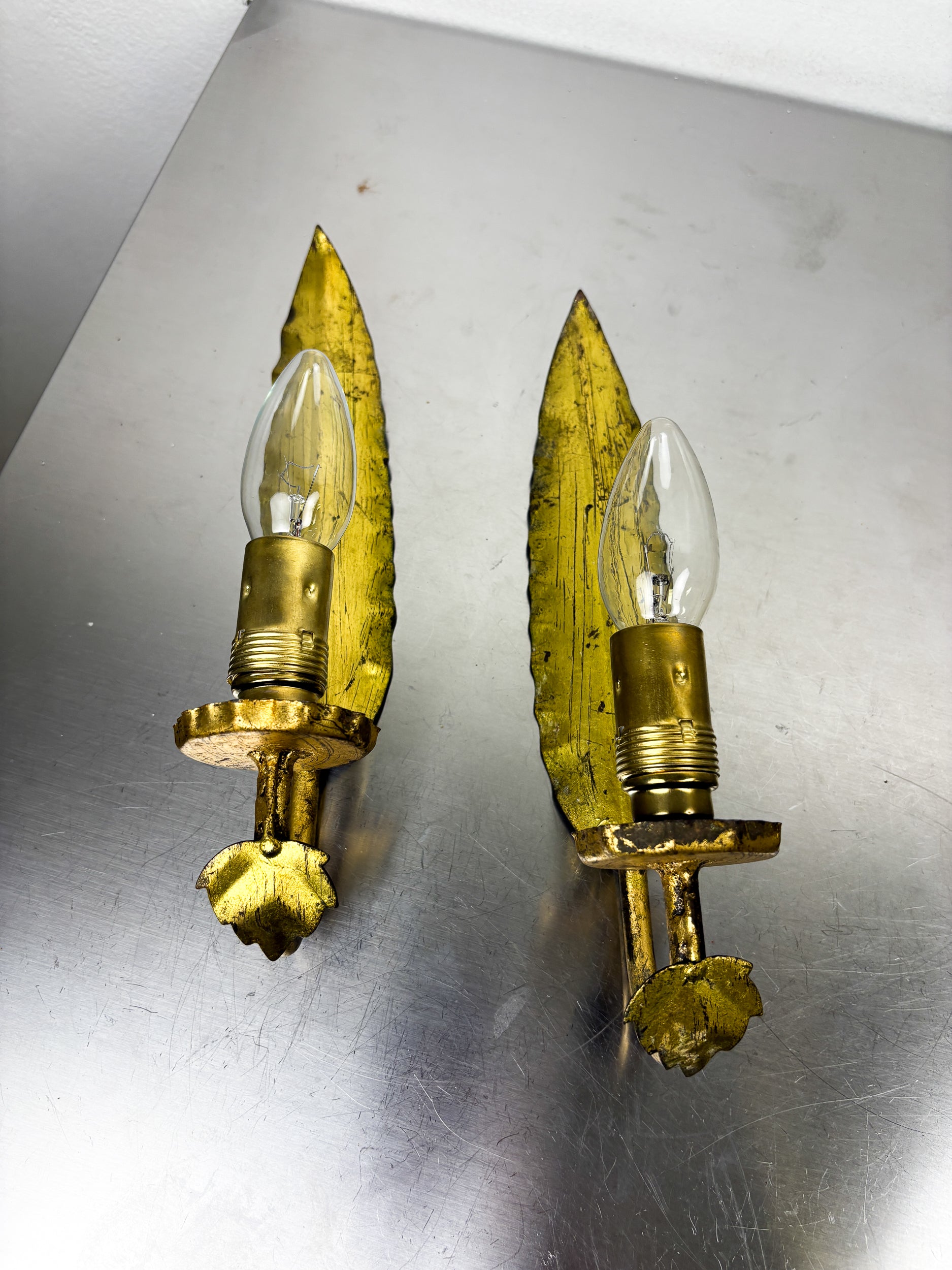 Pair of Spanish Foliage Wall Sconces, Leaf Arms & Bud Shades, Gilt Iron, 1970's