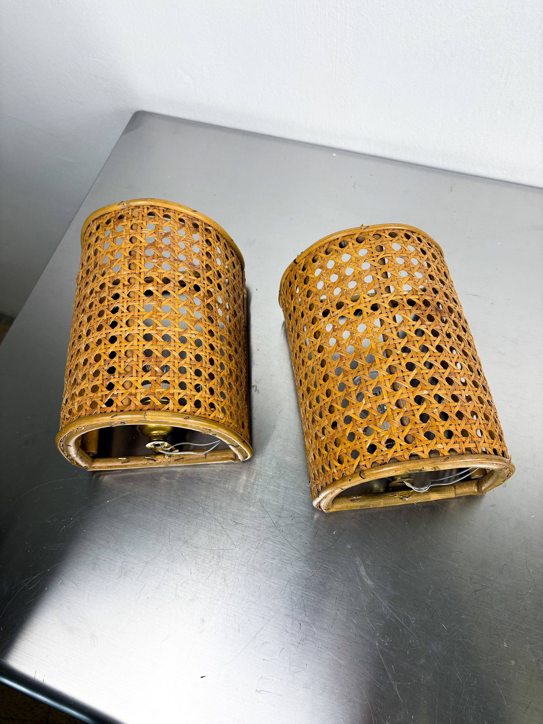 Pair of Midcentury Woven Wicker & Rattan Wall Sconces – Italy 1960s