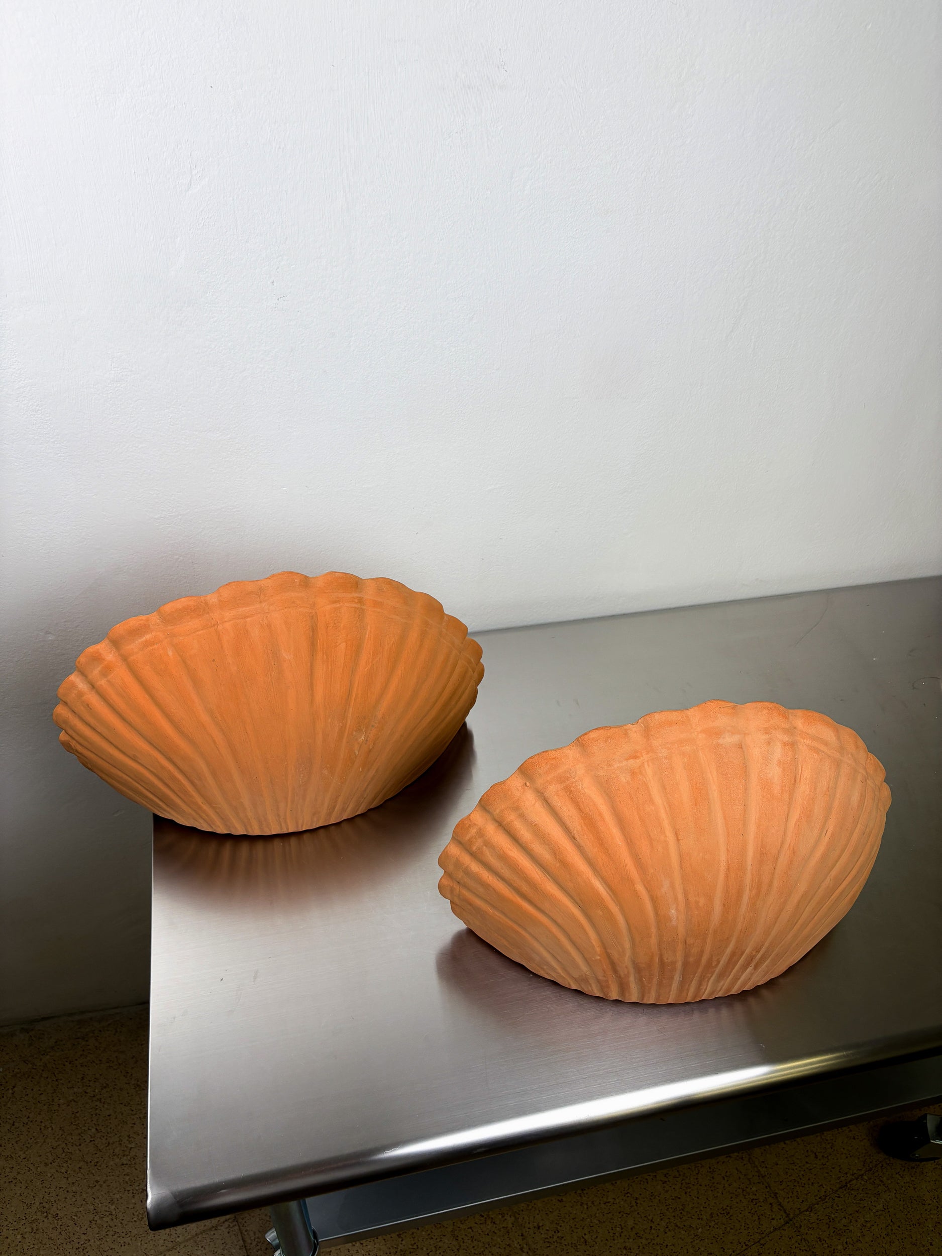 Pair of vintage italian Shell Wall sconces, large terracota sculptures, 1980's