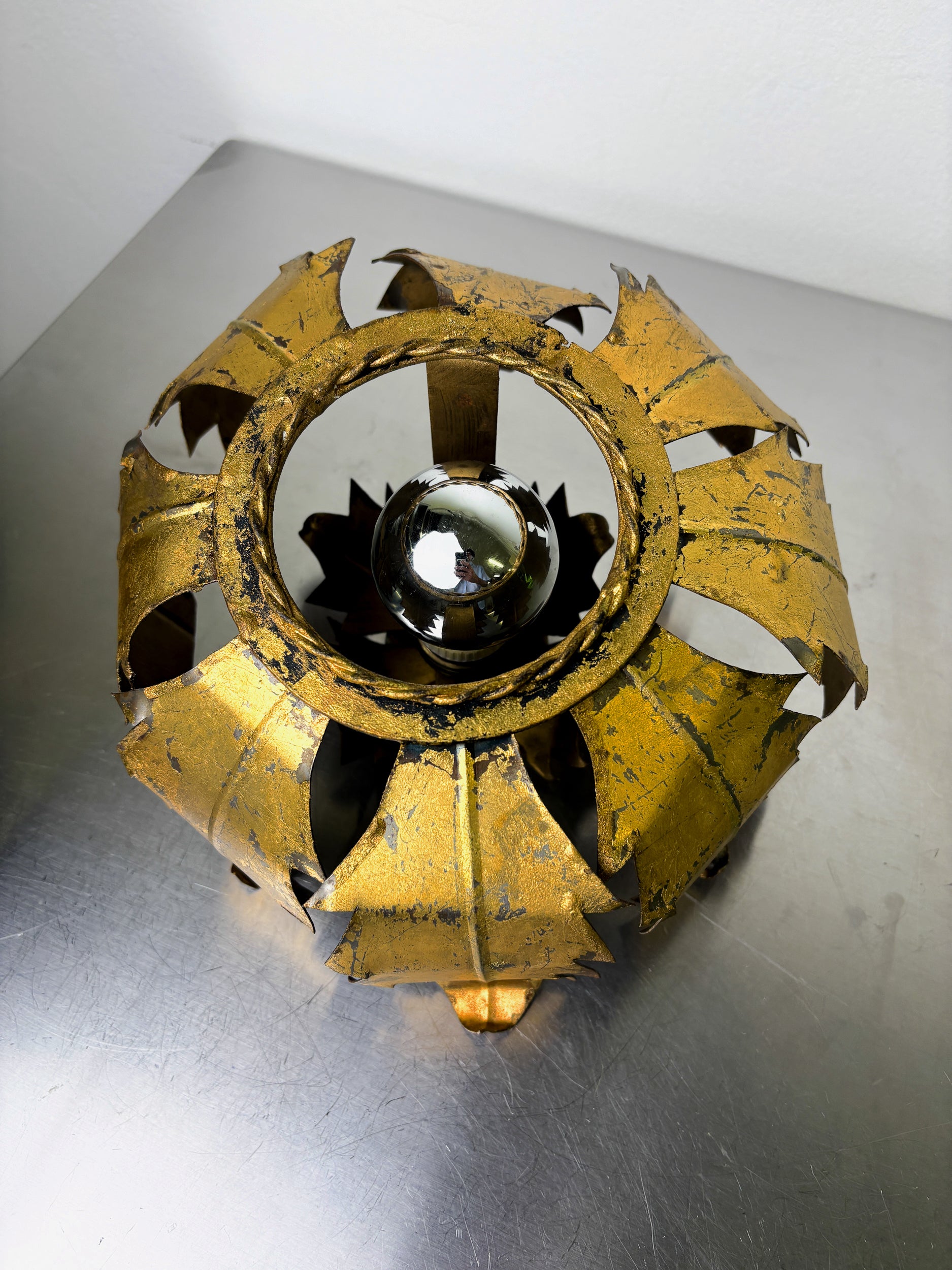 Spanish Sunburst ceiling light fixture or sconce in Gilt Iron, 1970's