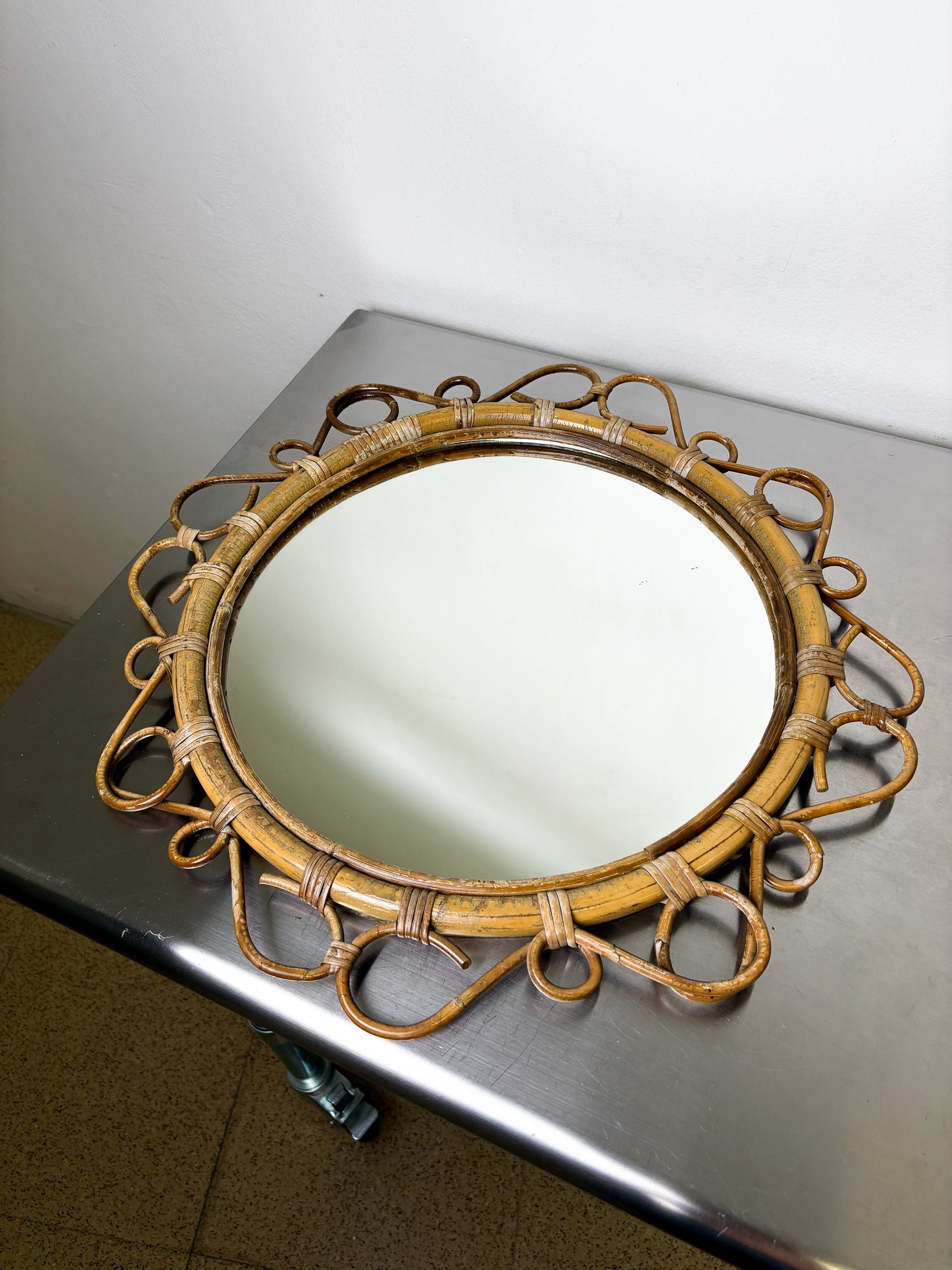 Spanish Rattan Bamboo Oval Mirror, 1960s