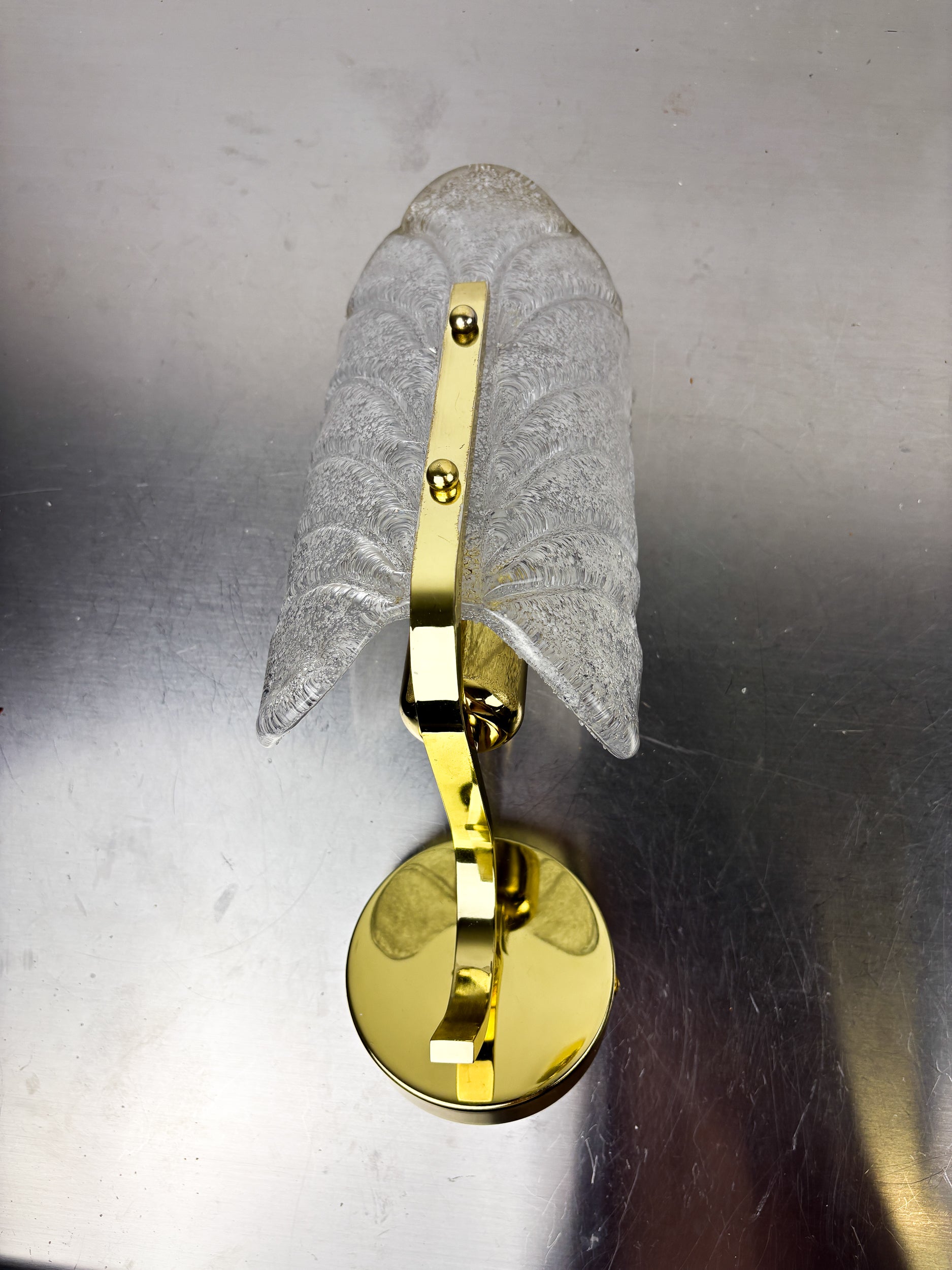 Mid-century Frosted Leaf Sconce, Textured Murano glass & Gilt Details, Circa 1960's