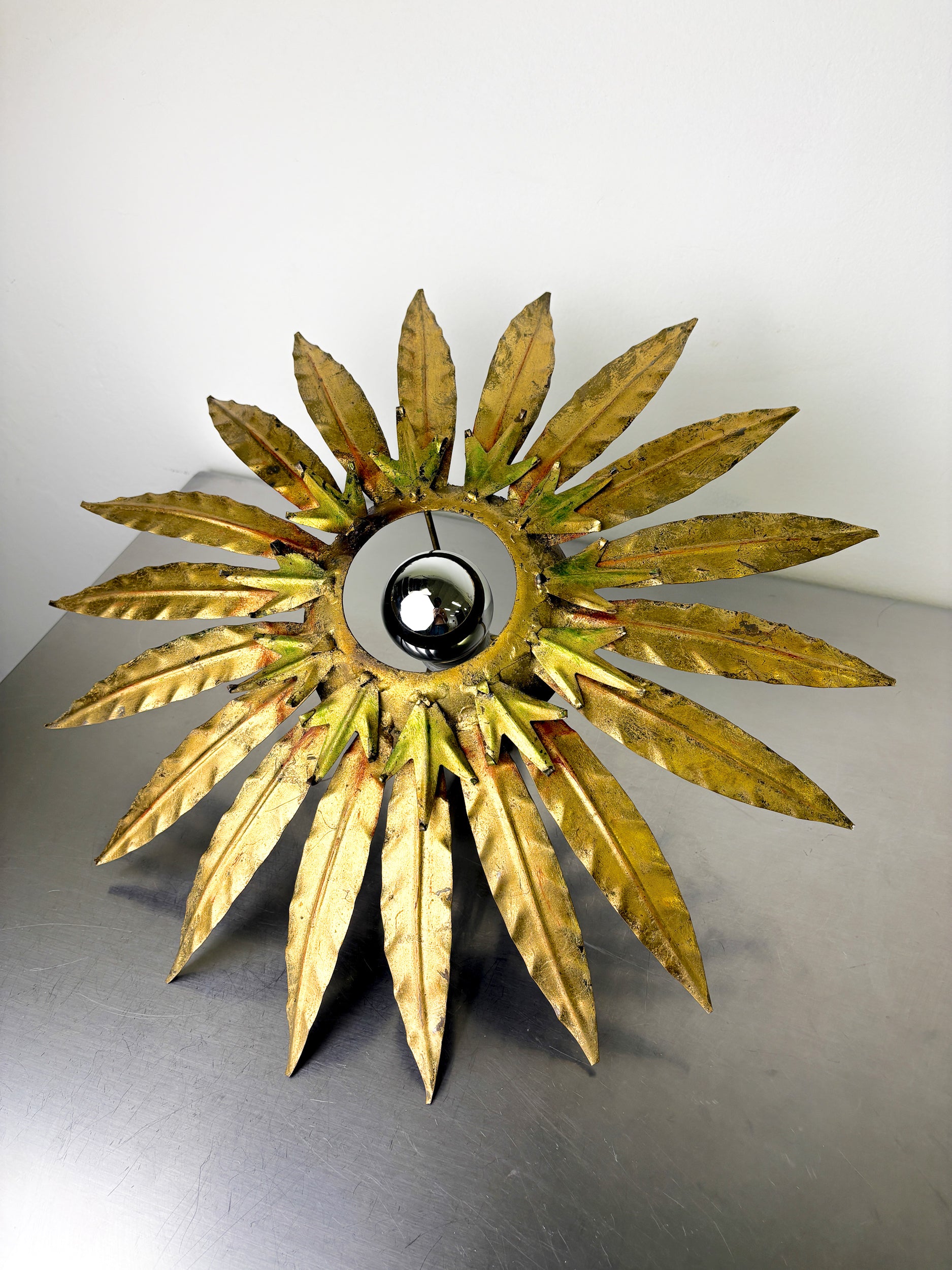 Mid-Century Modern Sunburst Light Fixture with Leaves, French Craftmanship, 1950's