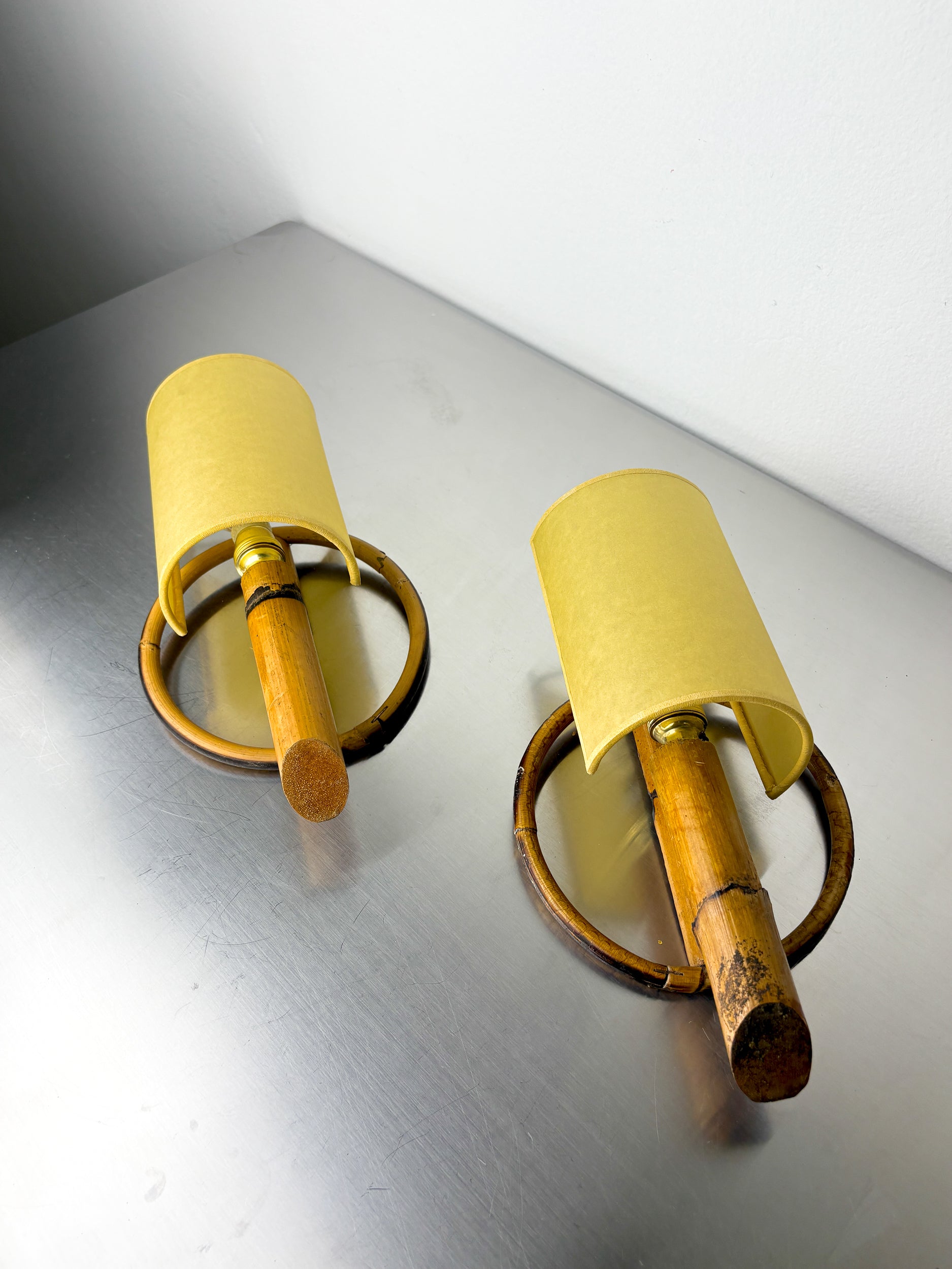 Pair of Mid-Century Rattan Wall Sconces, Italy, Circa 1960's