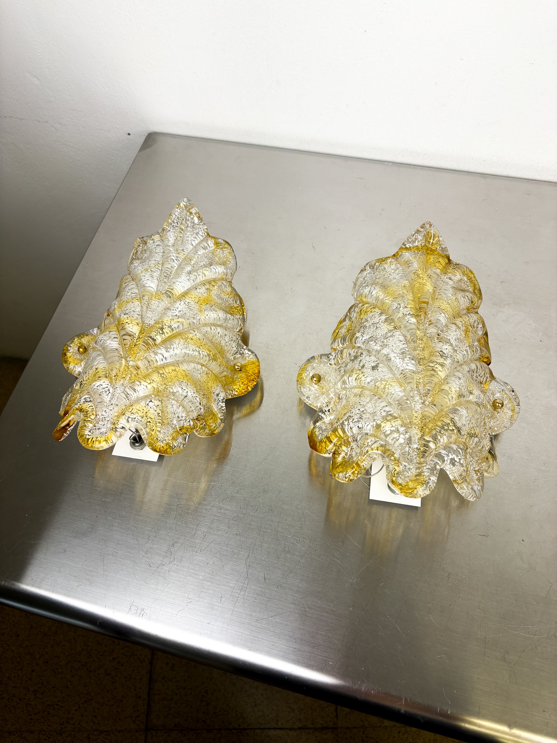 Pair of Orange Murano Frosted Leaf Sconces, Textured Glass & Gilt Details, Italy 1970s
