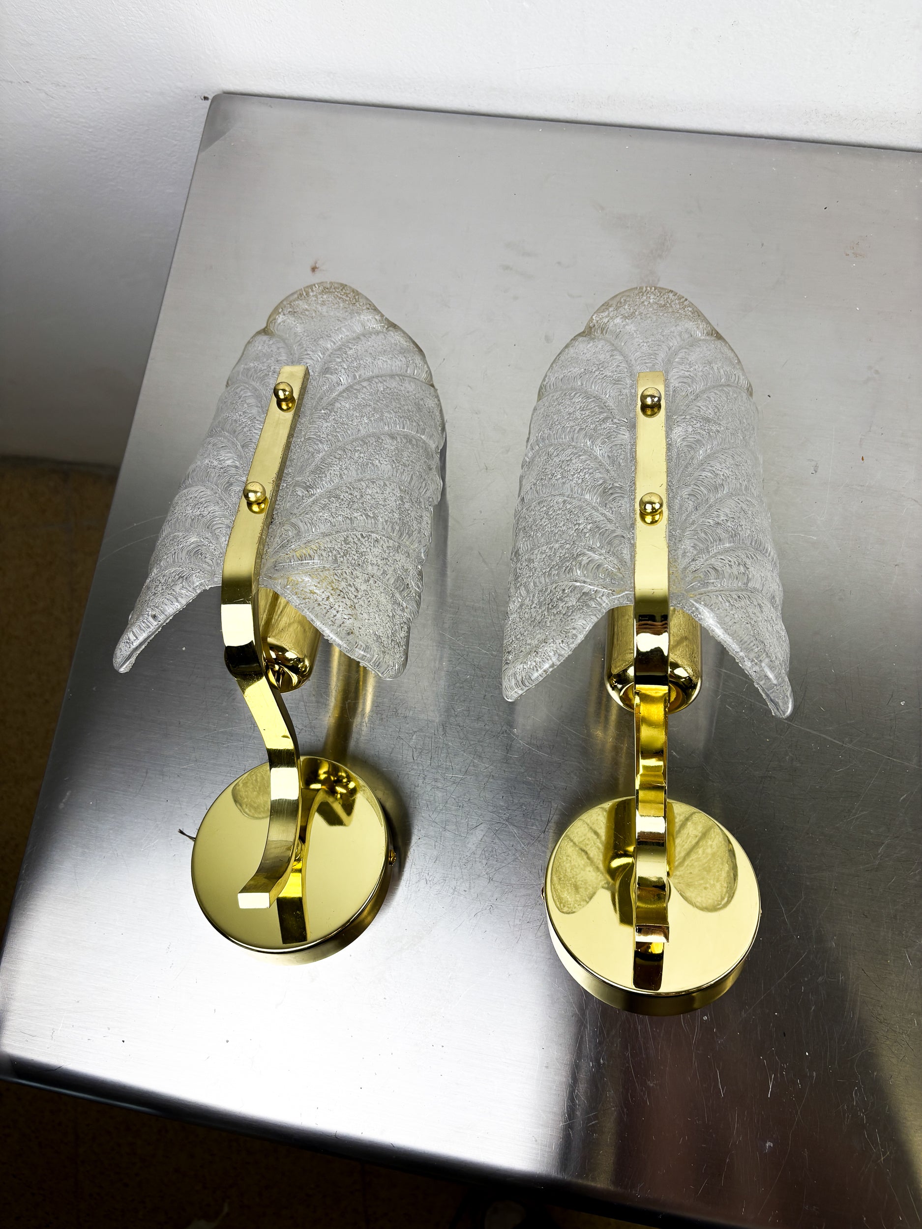 Pair of Murano Frosted Leaf Sconces, Textured Glass & Gilt Details, Circa 1970's