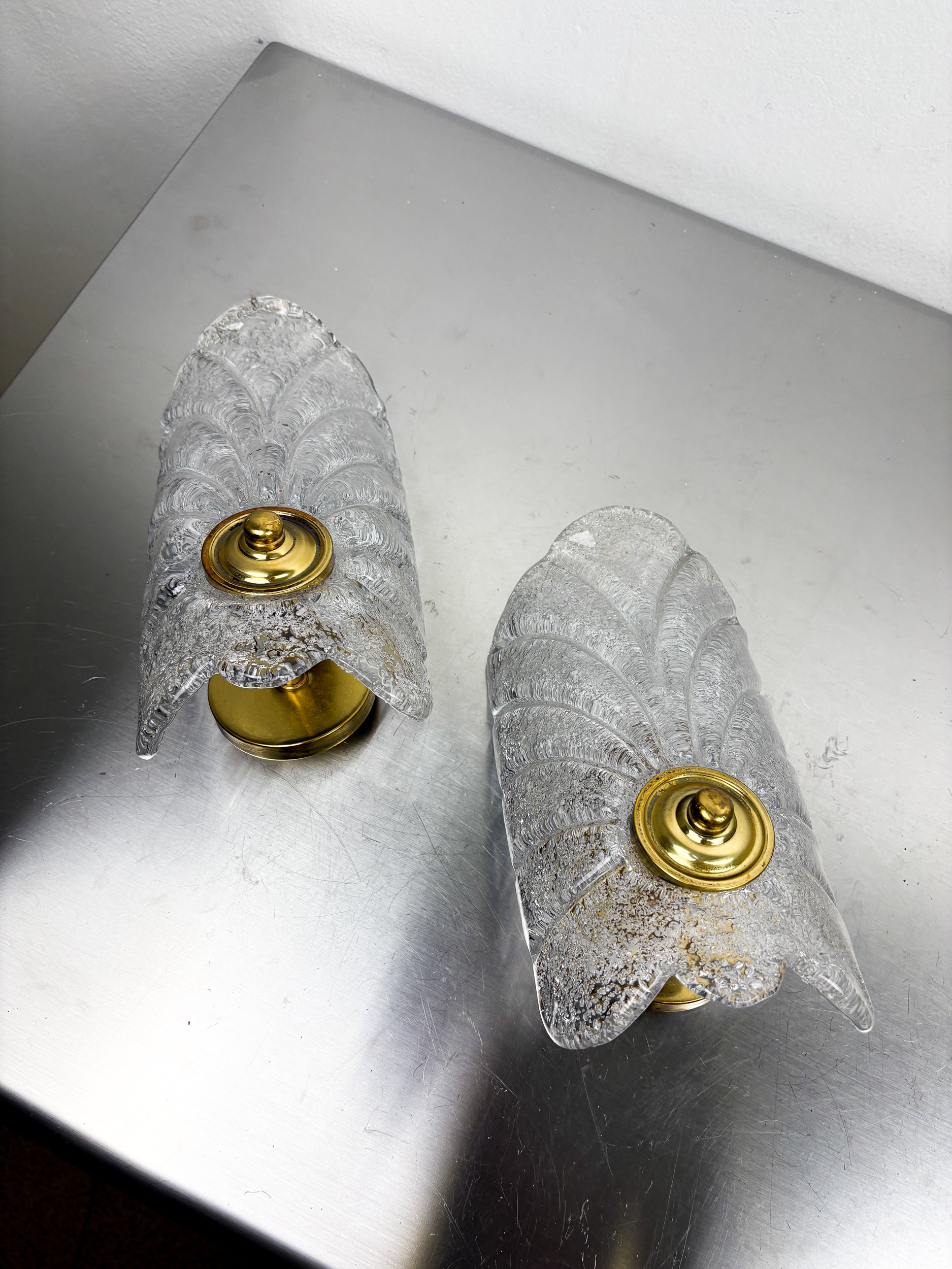 Pair of Murano Frosted Leaf Sconces, Textured Glass & Gilt Details, Italy 1970's
