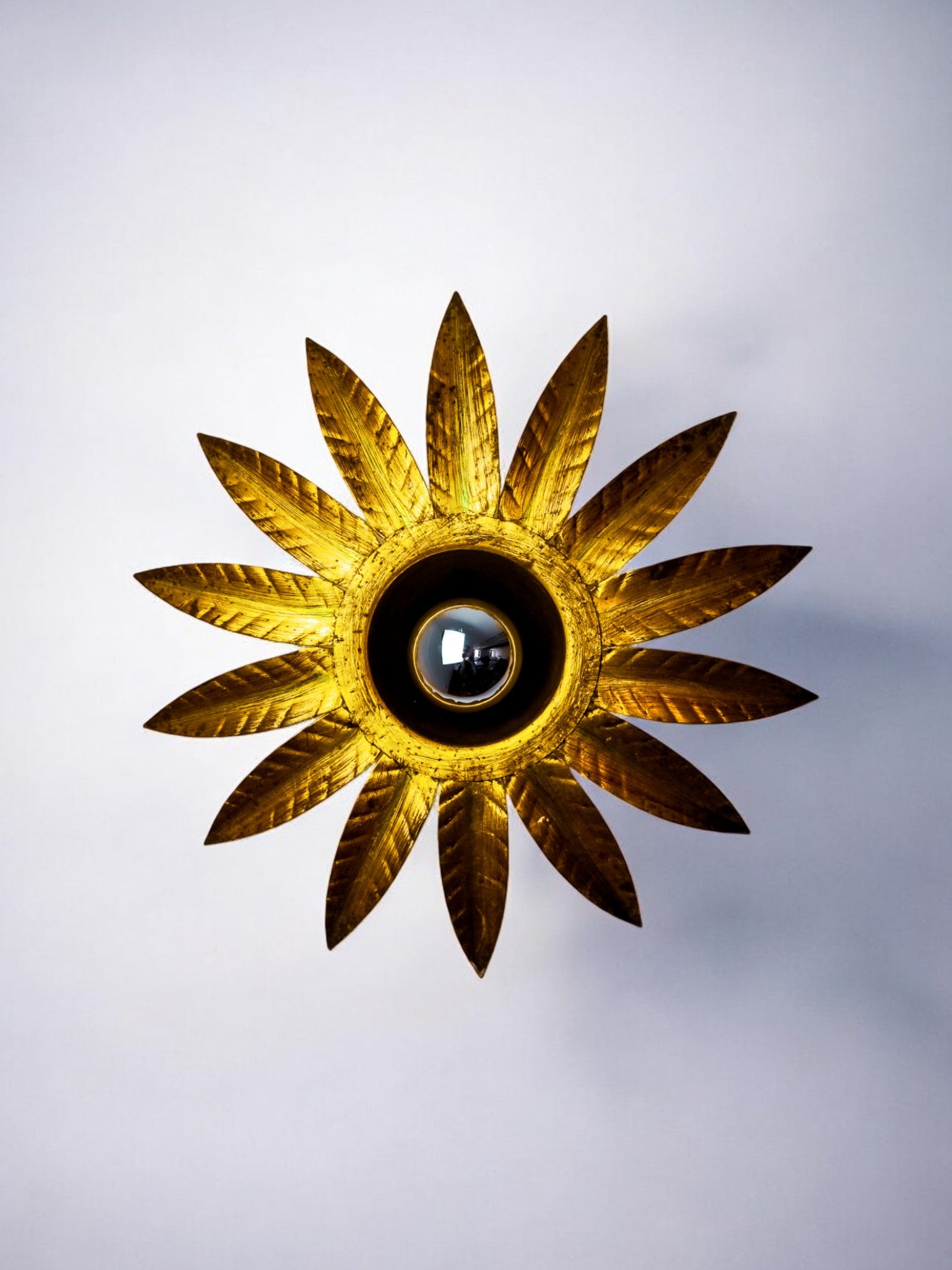Midcentury Sunburst Floral Flush Mount Light Fixture, Gilt Iron, Spain, 1960's