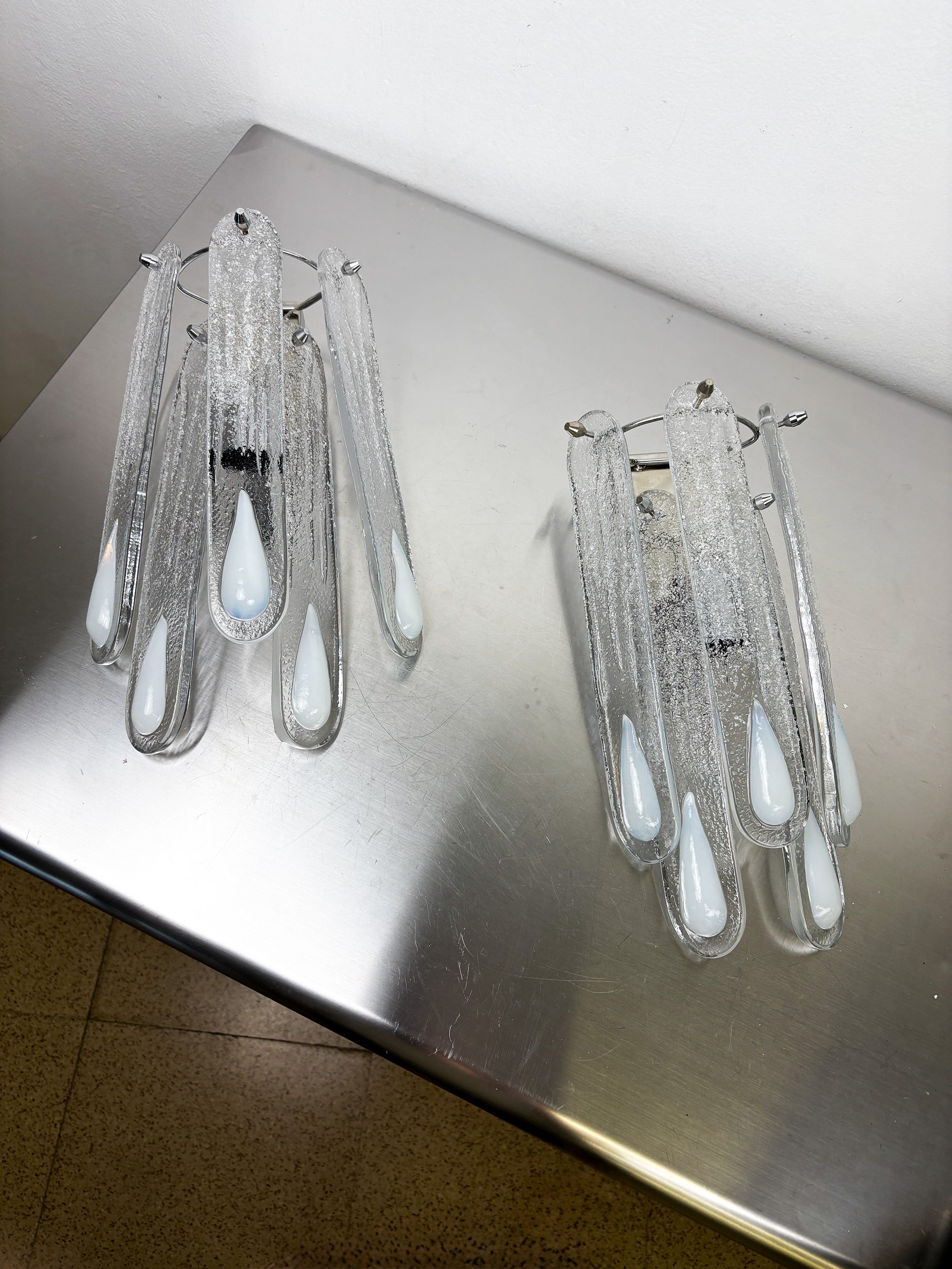 Pair of 2-tier Murano Mazzega wall lights, Iridescent White Frosted Glass, Italy, Circa 1960's