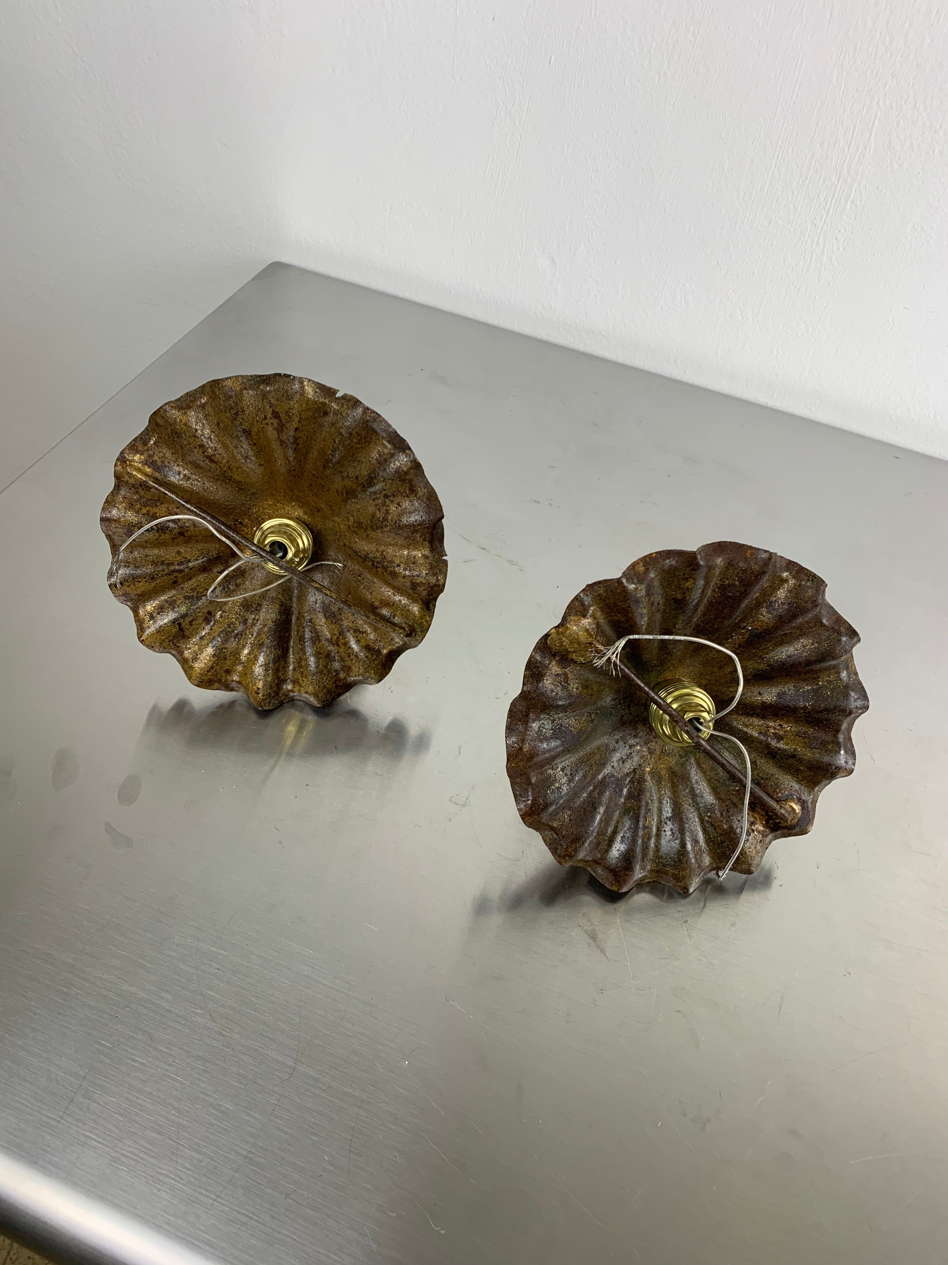 Pair of Embedded Flower Bud Wall ceiling light, Gold Leaf Gilded Iron, Spain, 1950s