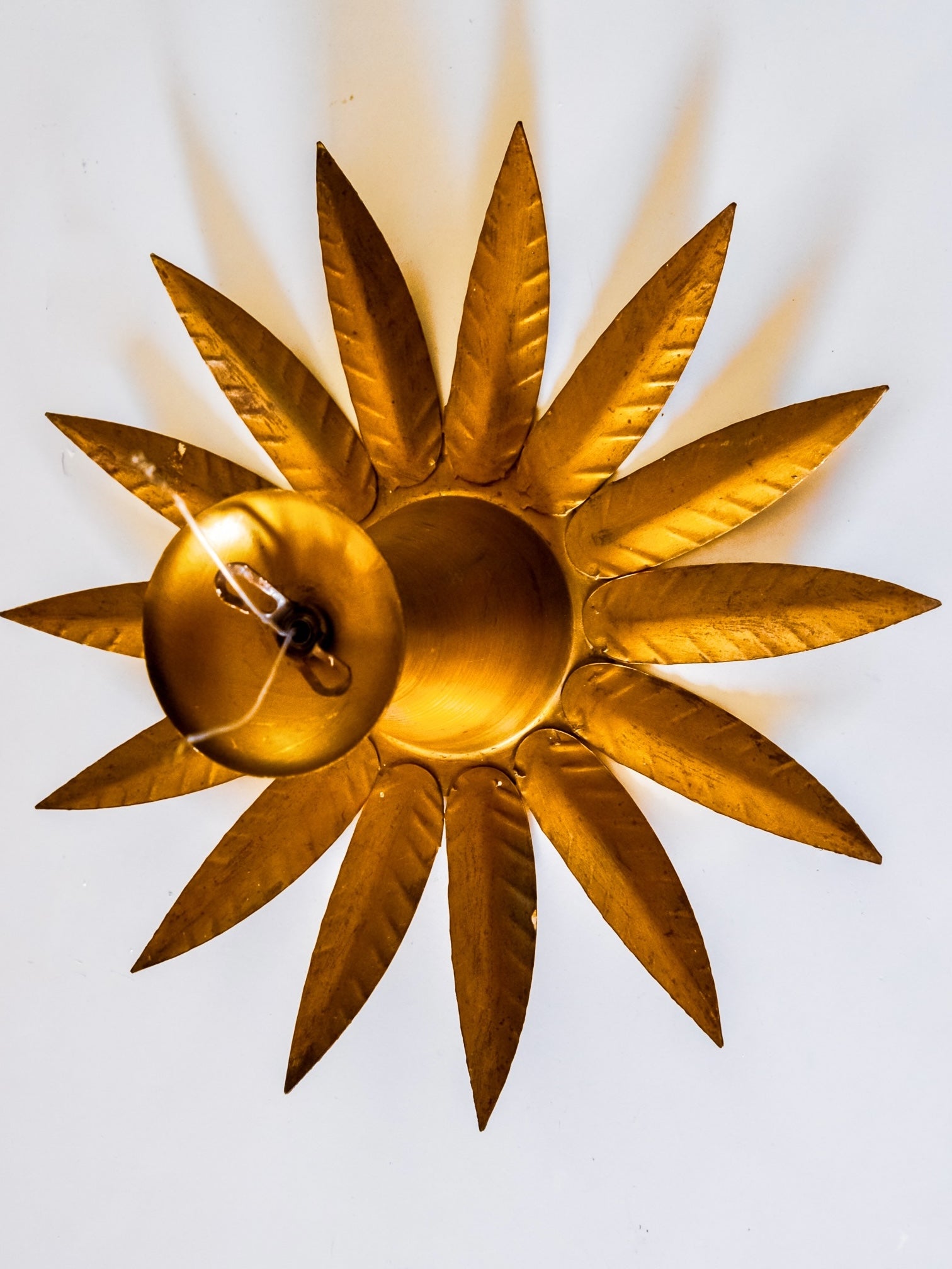 Midcentury Sunburst Floral Flush Mount Light Fixture, Gilt Iron, Spain, 1960's