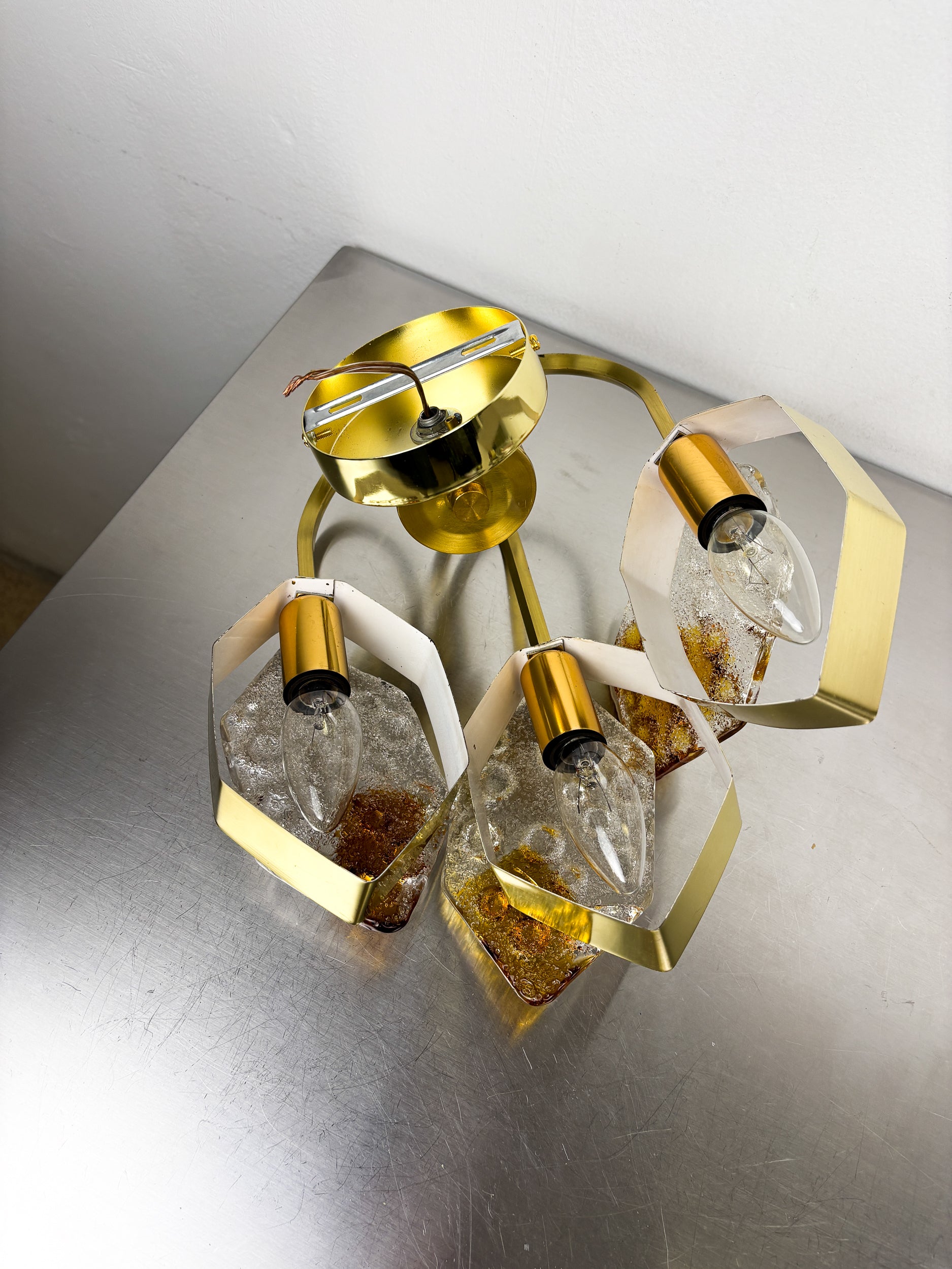 Murano Mazzega 3-arm geometric wall light, orange & clear glass, Italy 1970s